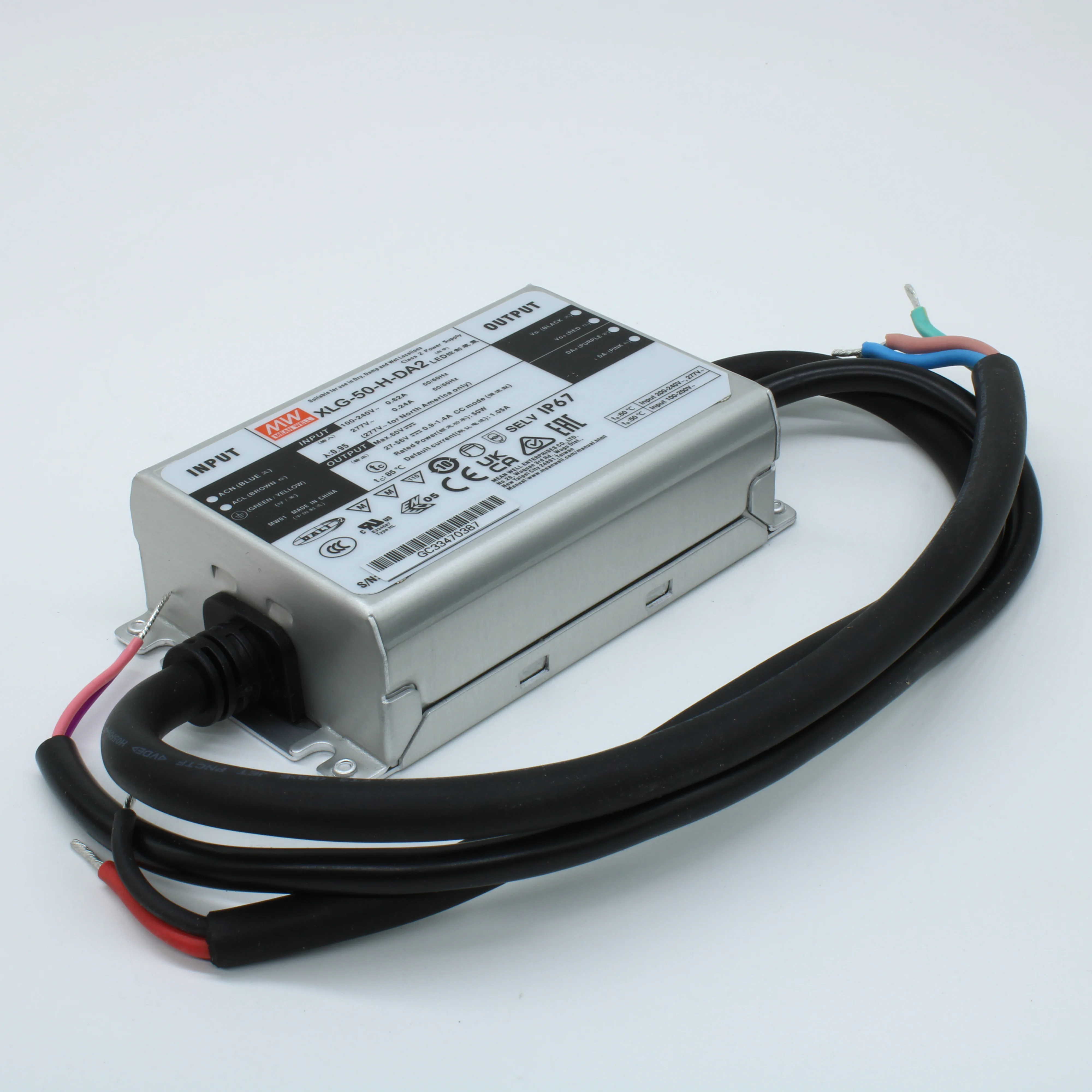 XLG-50-H-DA2 - AC-DC, 50Вт, вход 90…305В AC, 47…63Гц/127…431В DC, выход 27…56В/1050мА, рег. вых 500…1400мА, изоляция 3750В AC, в корпусе 105х63х30мм, -40…+85°С, DALI-2 димминг