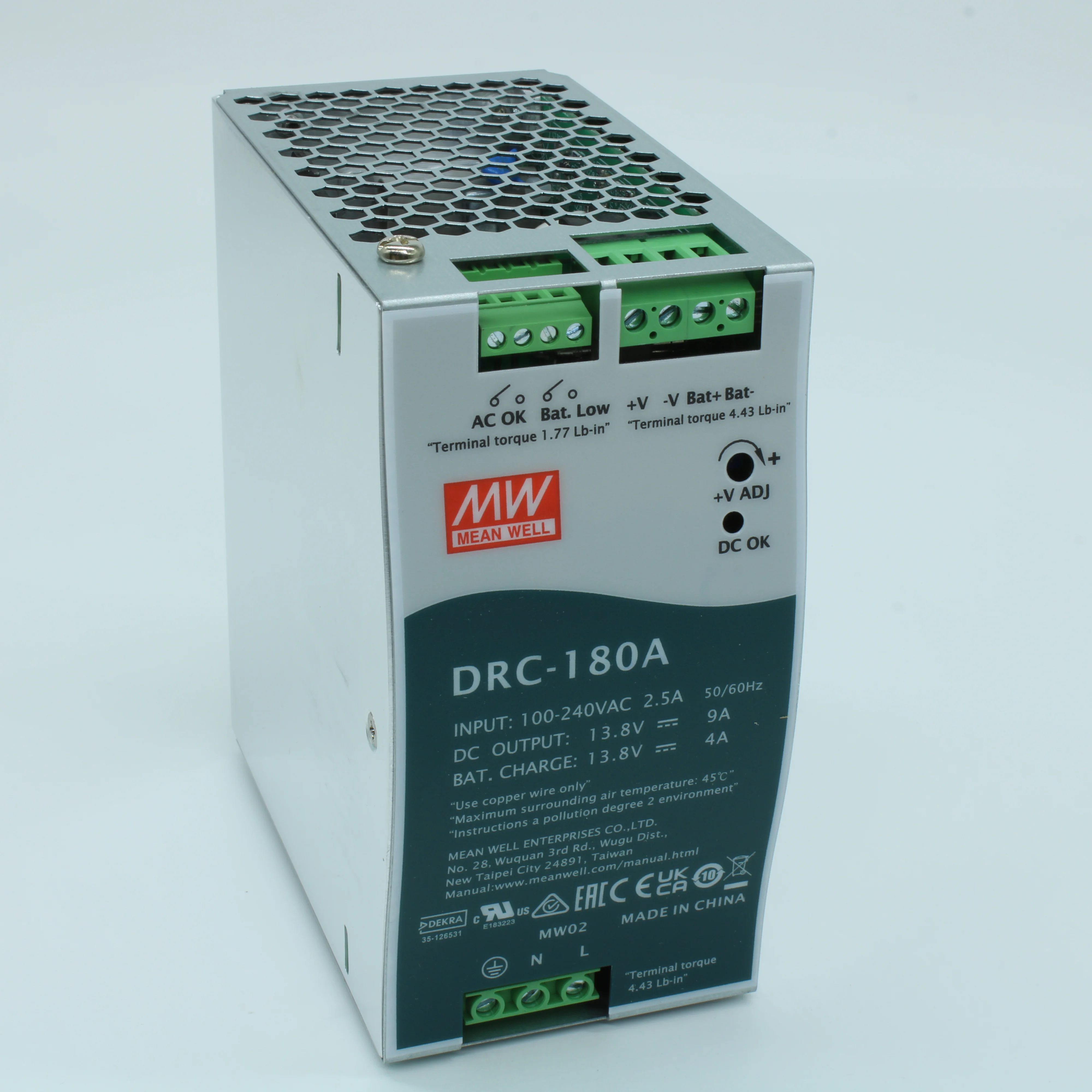 DRC-180A - AC-DC с функцией UPS, 179.4Вт, вход 90...264В АС/127...370В DC, выход 1: 13.8В/0…9А, выход зарядного устройства 13.8В/4А, изоляция 3000В АС, в корпусе 63х125.2х115мм, -20...+70°С