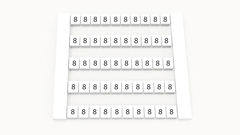 Марк. кассета DEK5-50P-19-82Z(H) - Маркировочные шильдики для клемм WS…, сечением 2,5 мм кв., боковая, 50 шильдиков, нанесенные символы: 8, по 5 полосок,с вертикальным расположением, размер шильдика: 4,8х5,5 мм, цвет белый