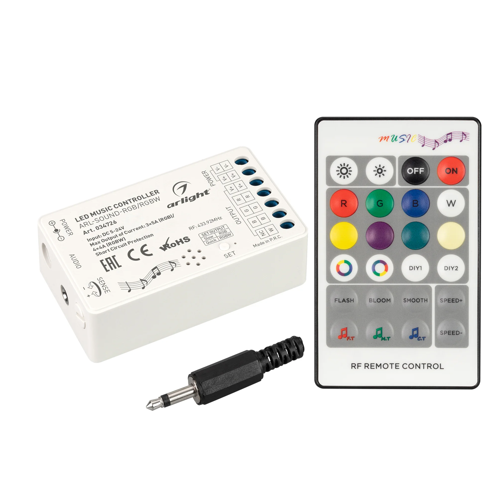 Аудиоконтроллер ARL-SOUND-RGB/RGBW (12-24V, 4x4A, RF ПДУ 24кн) 034726 - RGBW-АУДИО-контроллер с RF ДУ (24 кнопки), рег-ка яркости, цветности, скорости, 3 аудиорежима. Вход аудио из внешнего микрофона, регулировка усиления. Выход 12-24V 192-384W, 4х4A. Габ