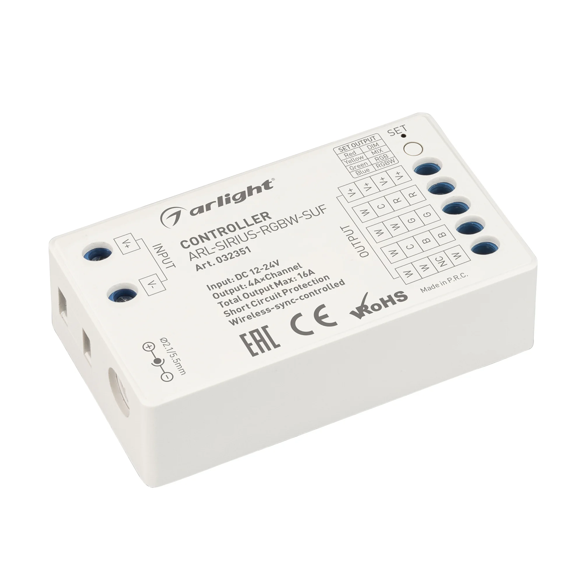 Контроллер ARL-SIRIUS-RGBW-SUF (12-24V, 4x4A, 2.4G) 032351 - Контроллер для светодиодной ленты (ШИМ). 4 в 1, подходит для DIM/MIX/RGB/RGBW лент. Питание/рабочее напряжение 12-24VDC, максимальный ток 4A на канал, 4 канала, максимальная мощность 192-384W. В