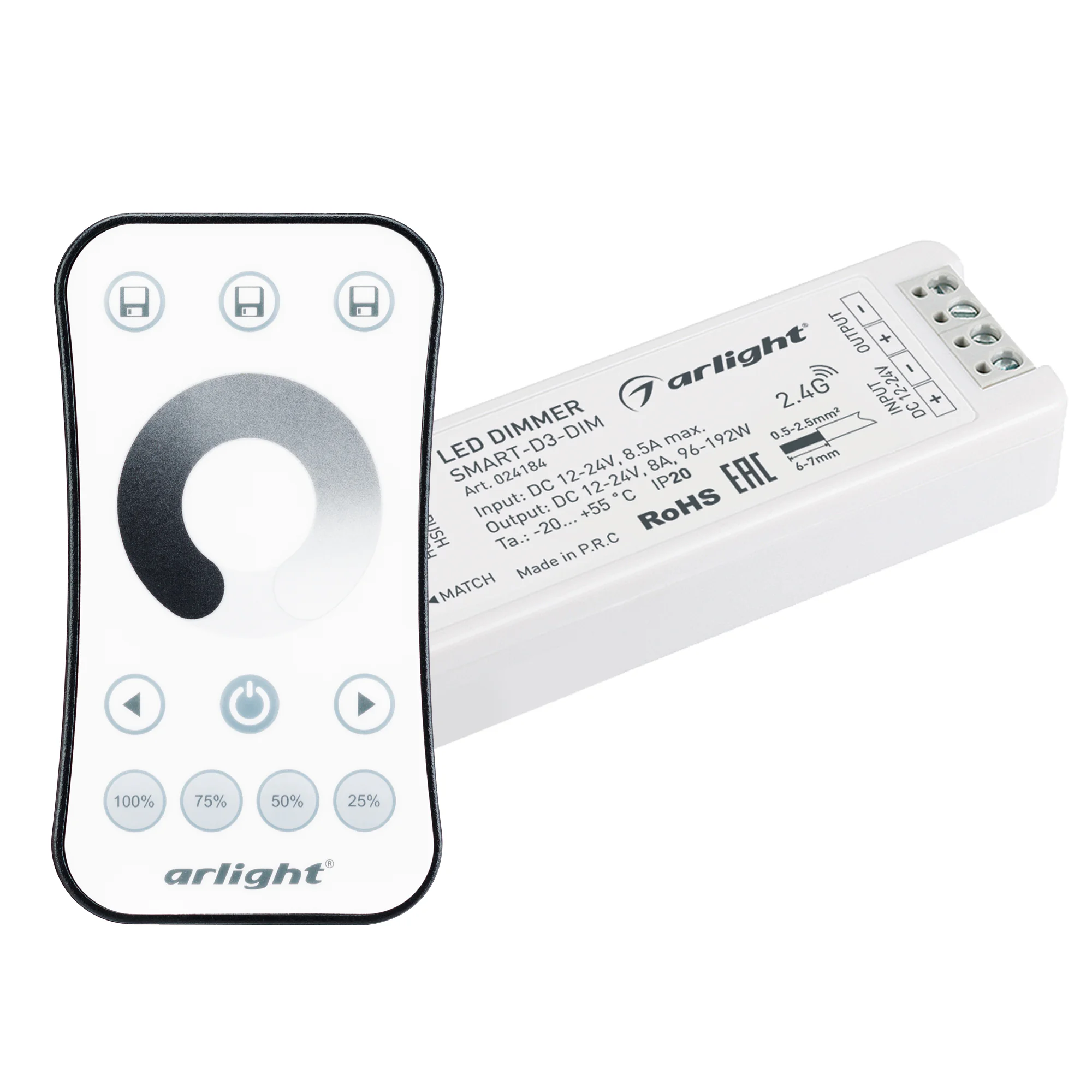Диммер SMART-DIM-SET-RING (12-24V, 1x8A, ПДУ 2.4G) 034786 - Комплект диммера с пультом для одноцветной светодиодной ленты (ШИМ). Питание/рабочее напряжение 12-24VDC, максимальный ток 8A на канал, 1 канал, максимальная мощность 96-192W. Функция Push-switch