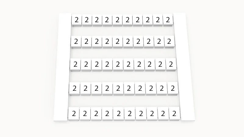 Марк. кассета DEK5-50P-19-76Z(H) - Маркировочные шильдики для клемм WS…, сечением 2,5 мм кв., боковая, 50 шильдиков, нанесенные символы: 2, по 5 полосок,с вертикальным расположением, размер шильдика: 4,8х5,5 мм, цвет белый
