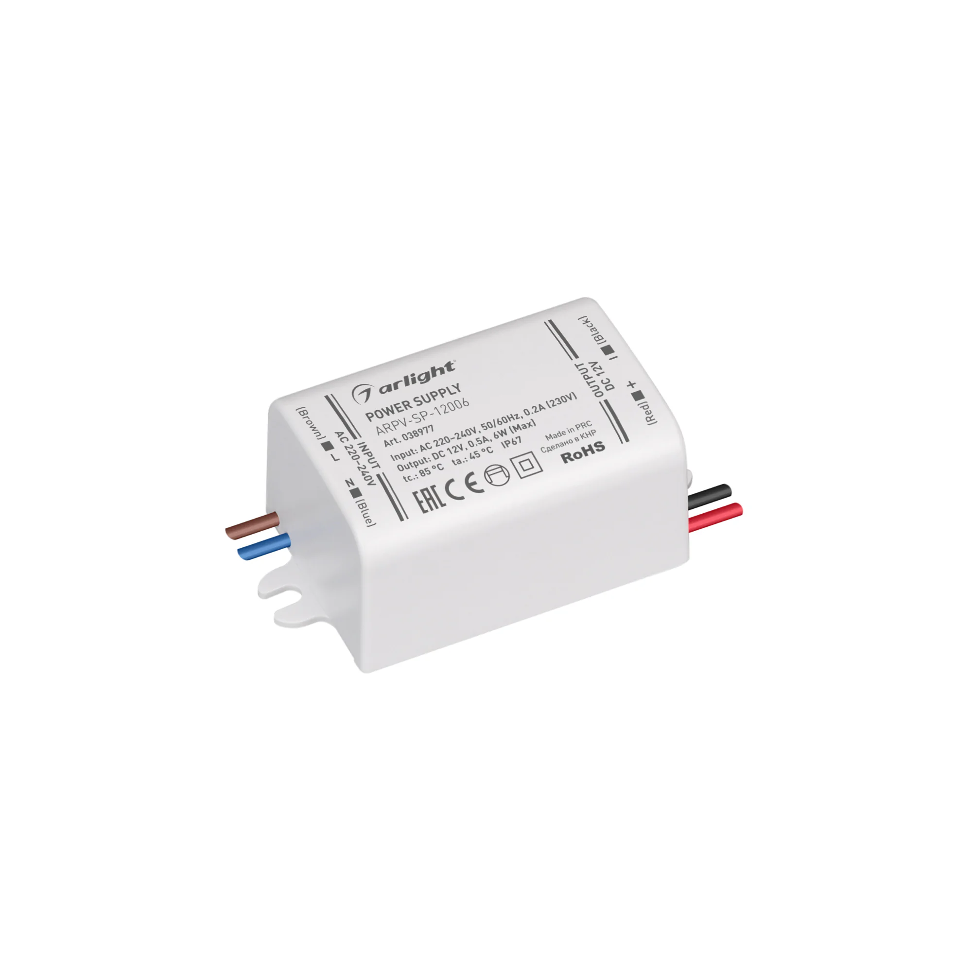 Блок питания ARPV-SP-12006 (12V, 0.5A, 6W) 038977 - Источник напряжения с гальванической развязкой для светодиодных изделий. Входное напряжение 220-240 VAC. Выходные параметры: 12 В, 0.5 А, 6 Вт, PF >0.5. Герметичный пластиковый корпус IP 67. Рабочая темп