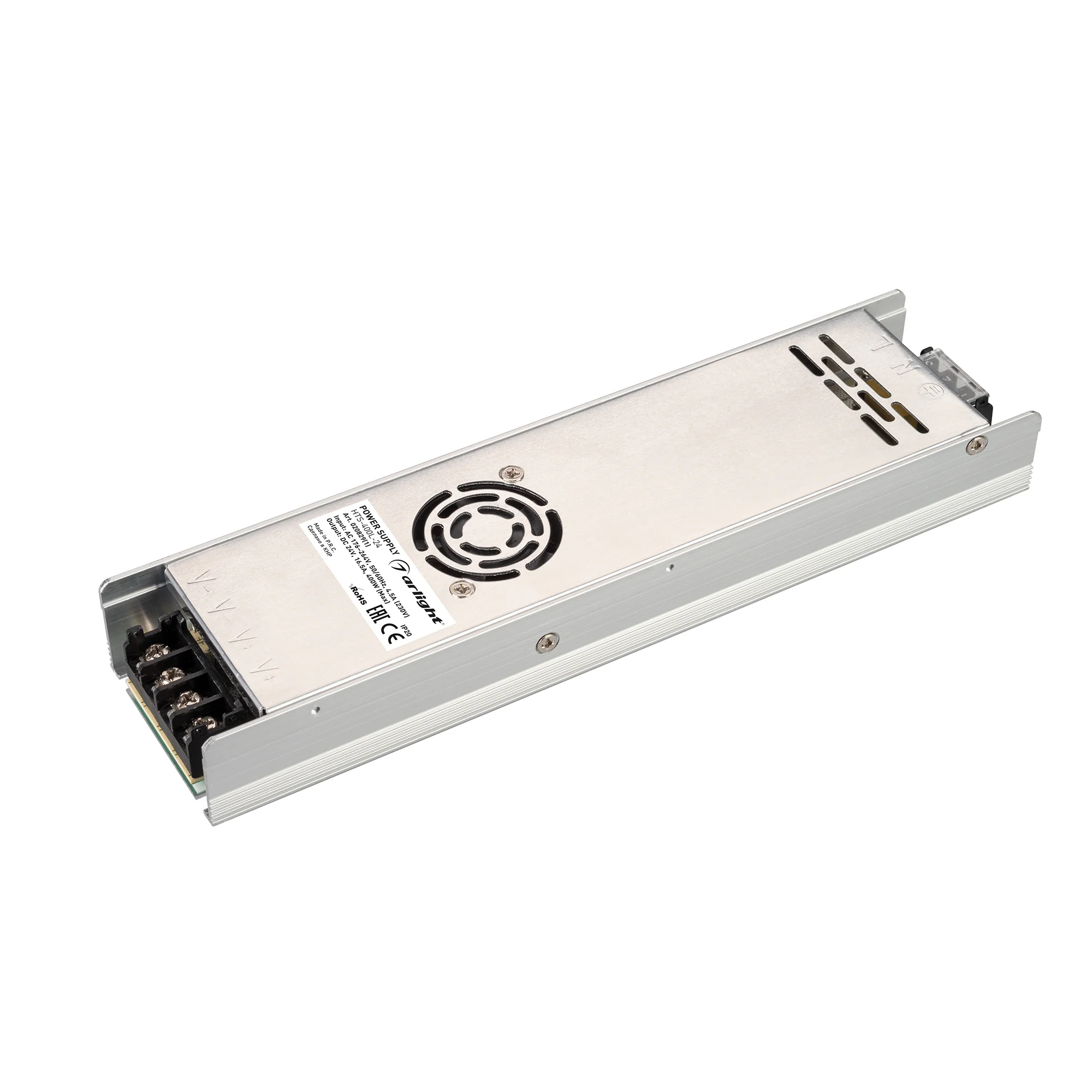 Блок питания HTS-400L-24 (24V, 16.5A, 400W) 020829(1) - Источник напряжения с гальванической развязкой для светодиодных изделий. Входное напряжение 176-264 VAC. Выходные параметры: 24 В, 16.5 А, 400 Вт. Встроенный PFC >0.5. Негерметичный алюминиевый сетча
