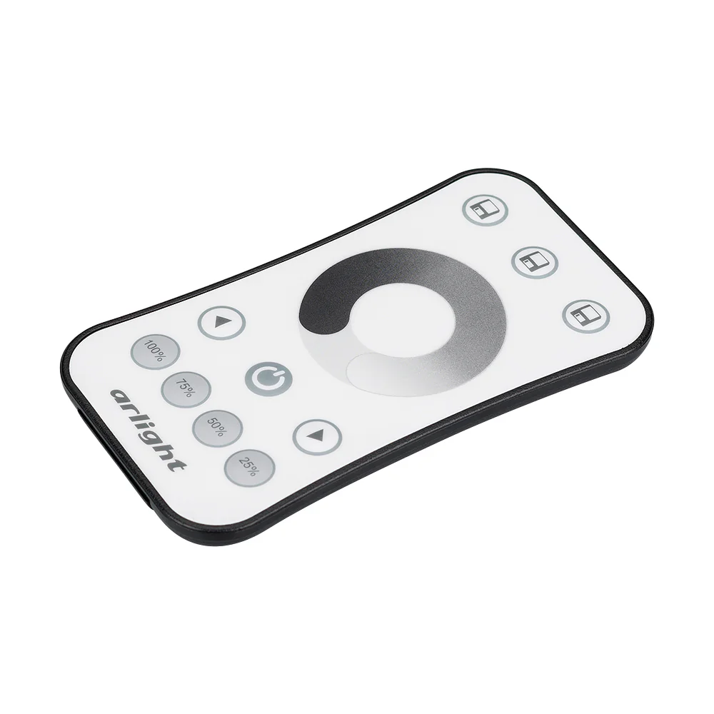 Пульт SMART-R9-DIM (1 зона, 2.4G) 023032 - Кнопочный радиопульт с сенсорным кольцом 2.4 ГГц белого цвета для управления одноцветным (DIM) источником света. 1 зона управления, управление яркостью с помощью сенсорного кольца. Питание 3VDC (CR2032). Габариты