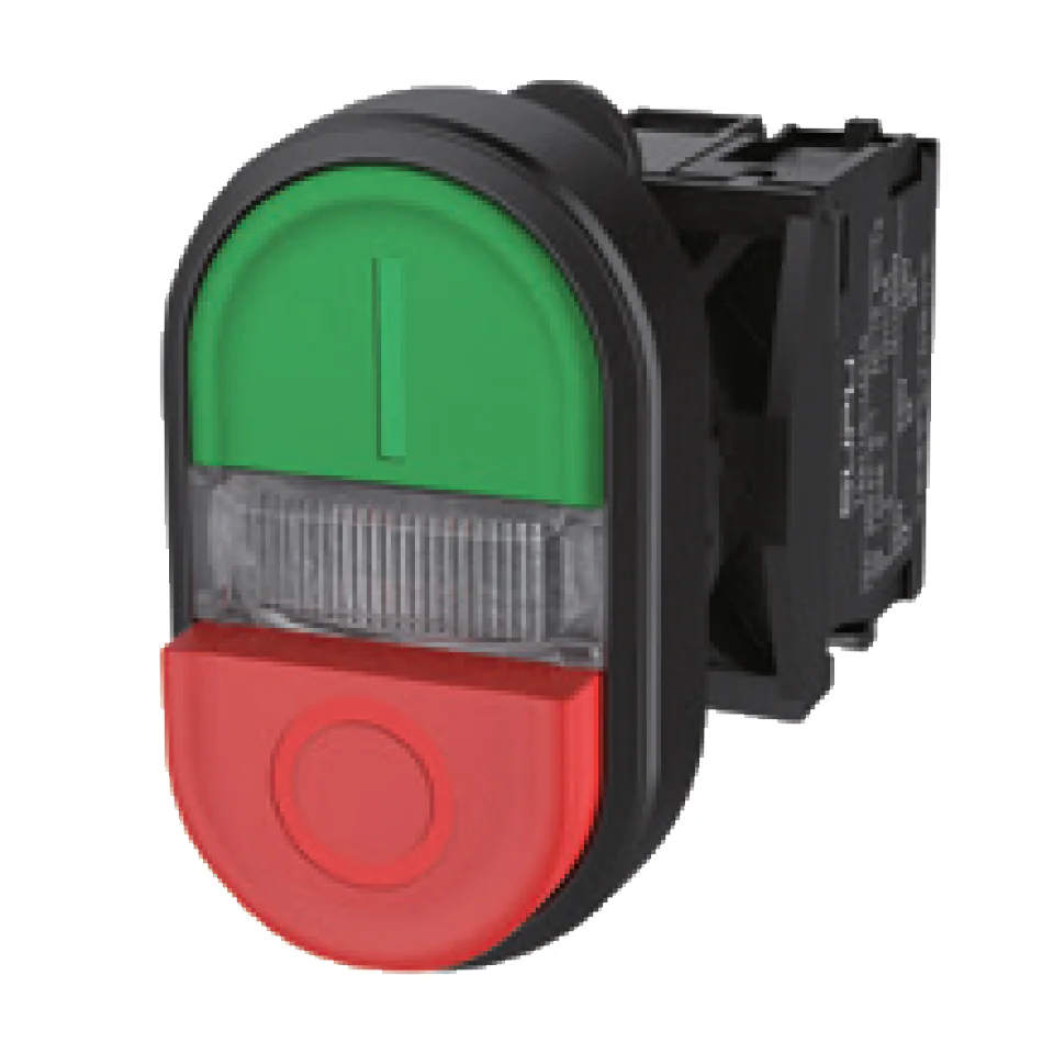 Селекторный переключатель (зел/красн) TS2510-0MM21-R10 - Двухпозиционный кнопочный переключатель (плоский верх/выпуклый низ), плоский верх/выпуклый низ, без подсветки, пластиковое переднее кольцо, с плавным нажатием, с контактной группой 1NO, размер голов