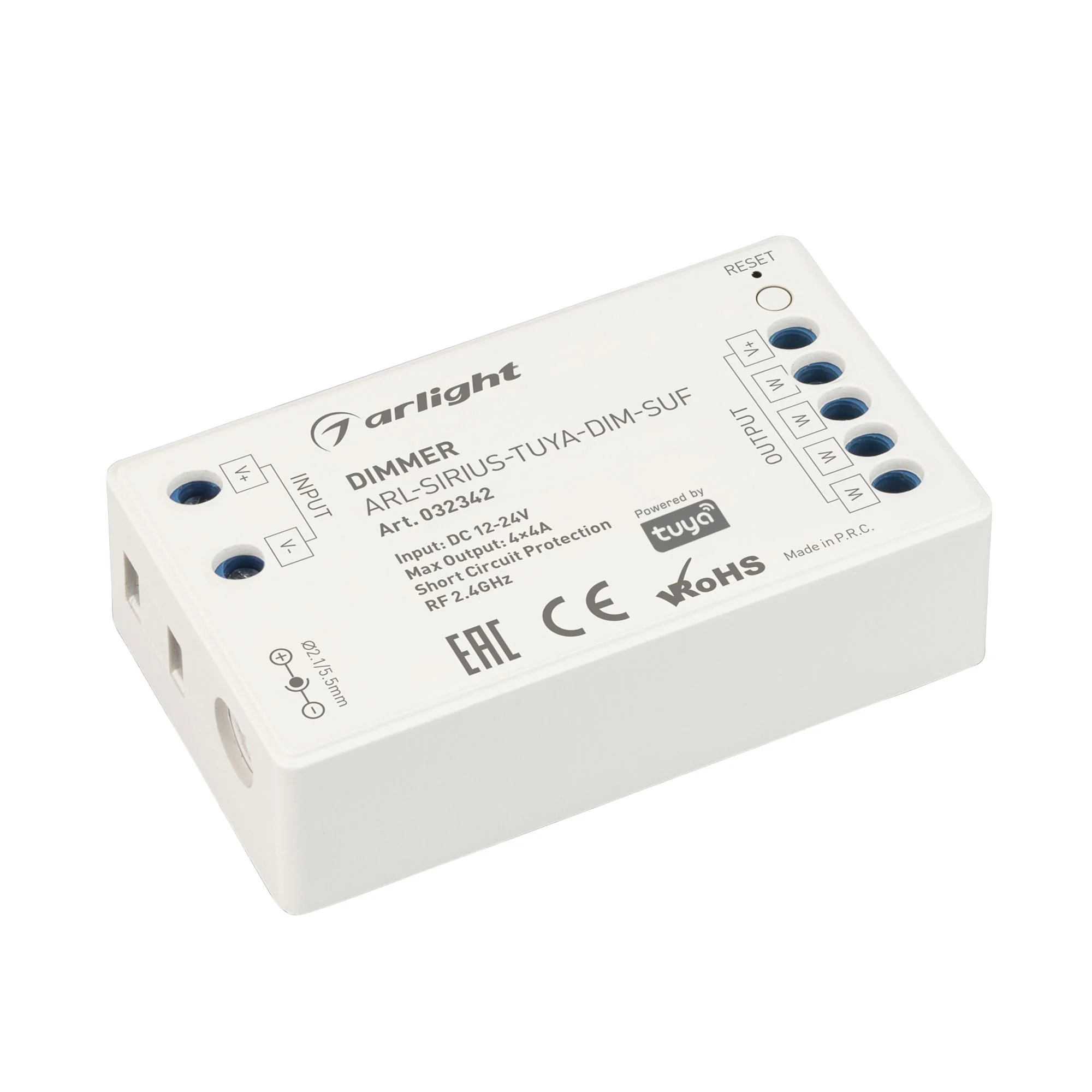 Диммер ARL-SIRIUS-TUYA-DIM-SUF (12-24V, 4x4A, 2.4G) 032342 - Диммер для одноцветных светодиодных лент. Питание/рабочее напряжение 12-24VDC, максимальный ток 4A на канал, 4 канала, максимальная мощность 192-384W. Частота ШИМ 1kГц, Wi-Fi 2.4G. Винтовые клем