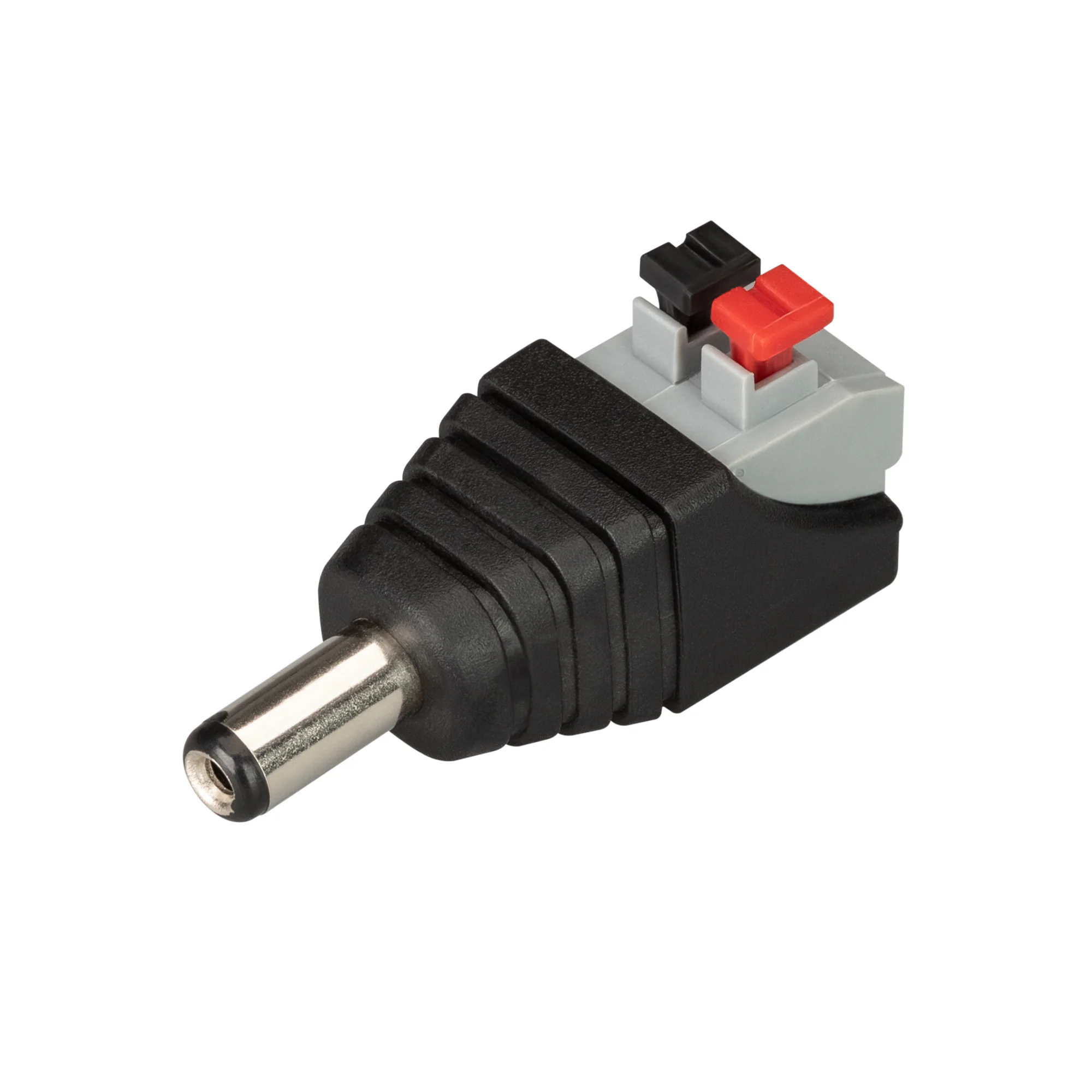 Коннектор ARL-MONO-2pin-M (Jack 5.5) 030747 - Коннектор для подключения светодиодных лент к сетевым адаптерам с DC-коннектором 5.5 мм (напряжение не выше 48 В). Одна сторона - клеммная колодка самозажимная для провода ленты, вторая - DC-разъём (папа) для 
