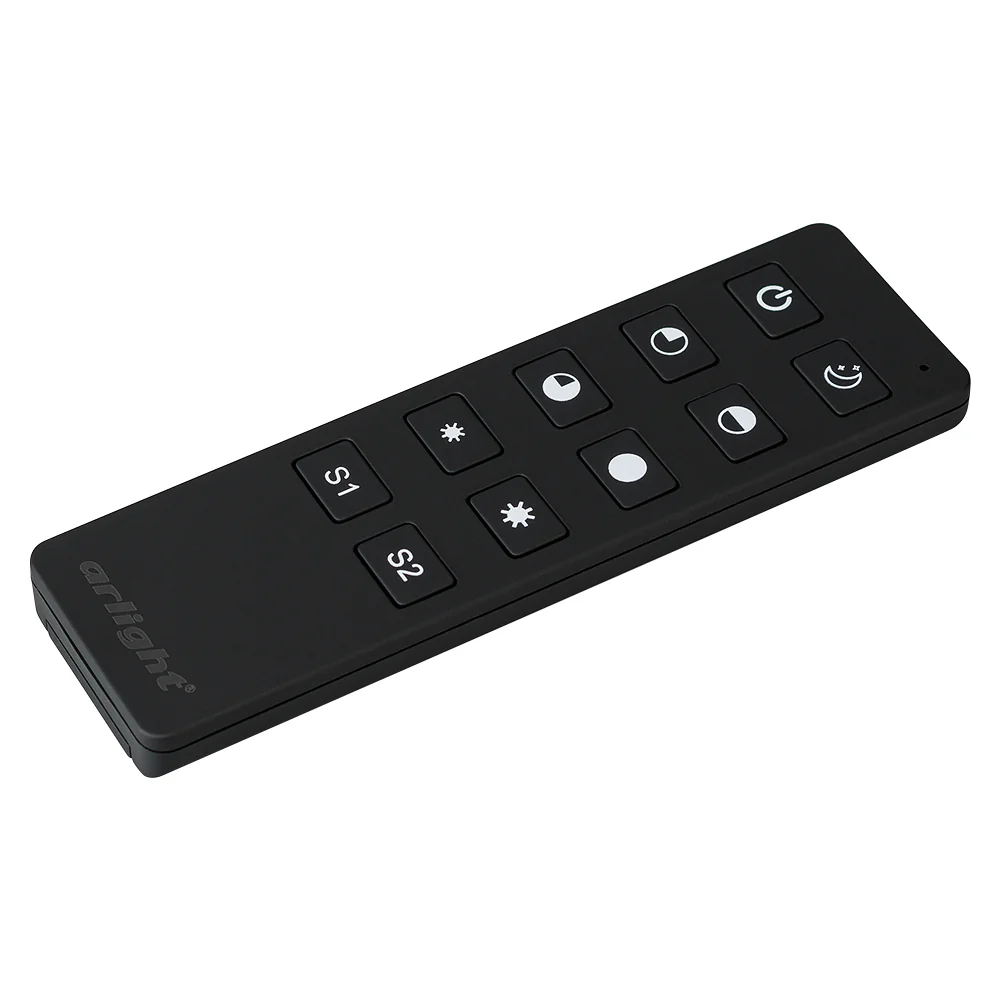Пульт SMART-R6-DIM (1 зона, 2.4G) 023027 - Кнопочный радиопульт 2.4 ГГц черного цвета для управления одноцветным (DIM) источником света. 1 зона управления, управление яркостью с помощью кнопок. Питание 3VDC (CR2032). Габариты 135x40x11 мм. Изготовлен из п