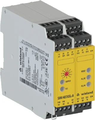 Реле безопасности SNV4076SL-A 30S DC 24V - Реле безопасности одноканальное или двухканальное управление, автоматический/ручной сброс с контролем переключателя сброса, 3 цепи включения с немедленным переключением, 3 цепи включения с задержкой отключения бе