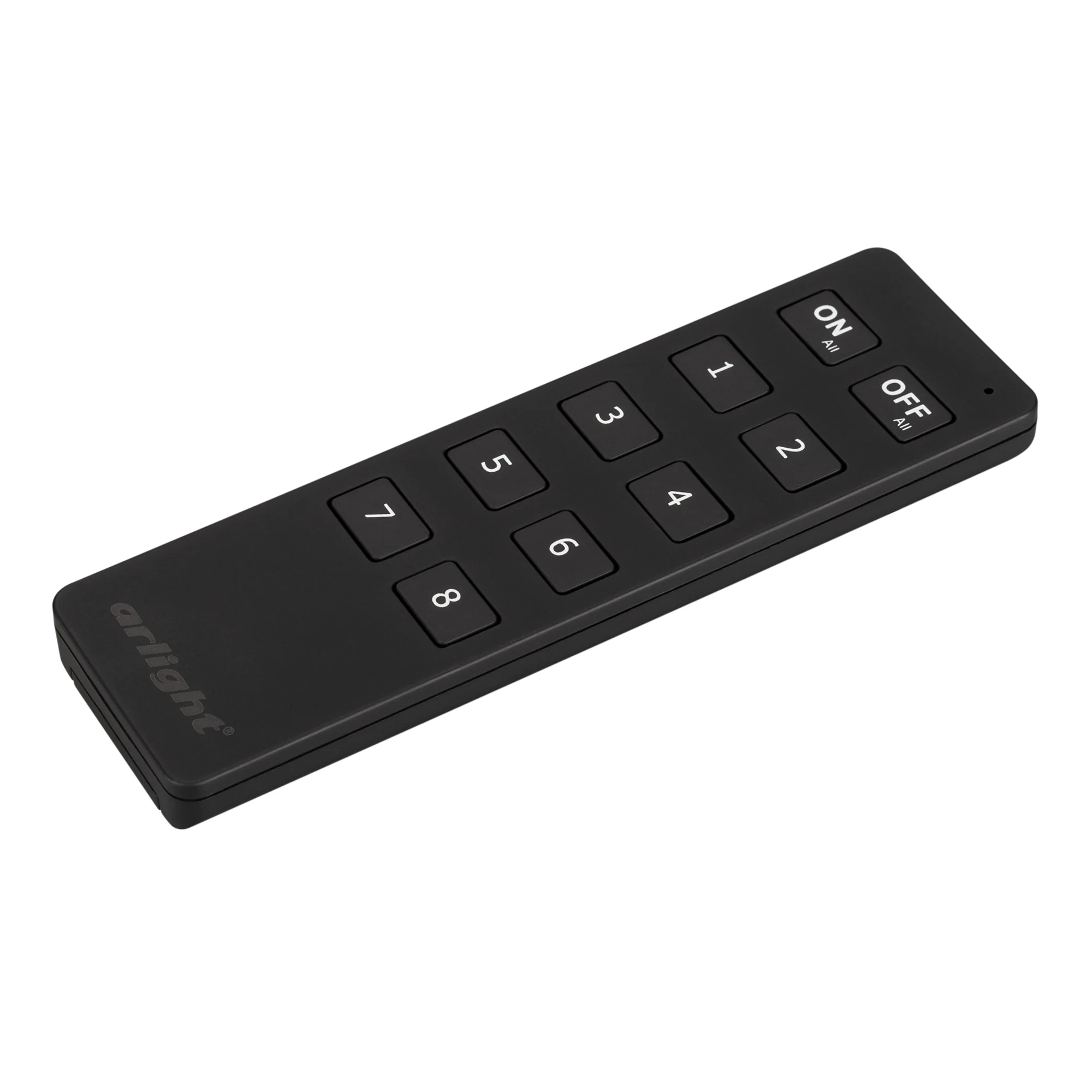 Пульт SMART-R8-DIM (8 зон, 2.4G) 023029 - Кнопочный радиопульт 2.4 ГГц черного цвета для управления одноцветным (DIM) источником света. 8 зон управления, управление яркостью с помощью кнопок. Питание 3VDC (CR2032). Габариты 135x40x11 мм. Управляет контрол