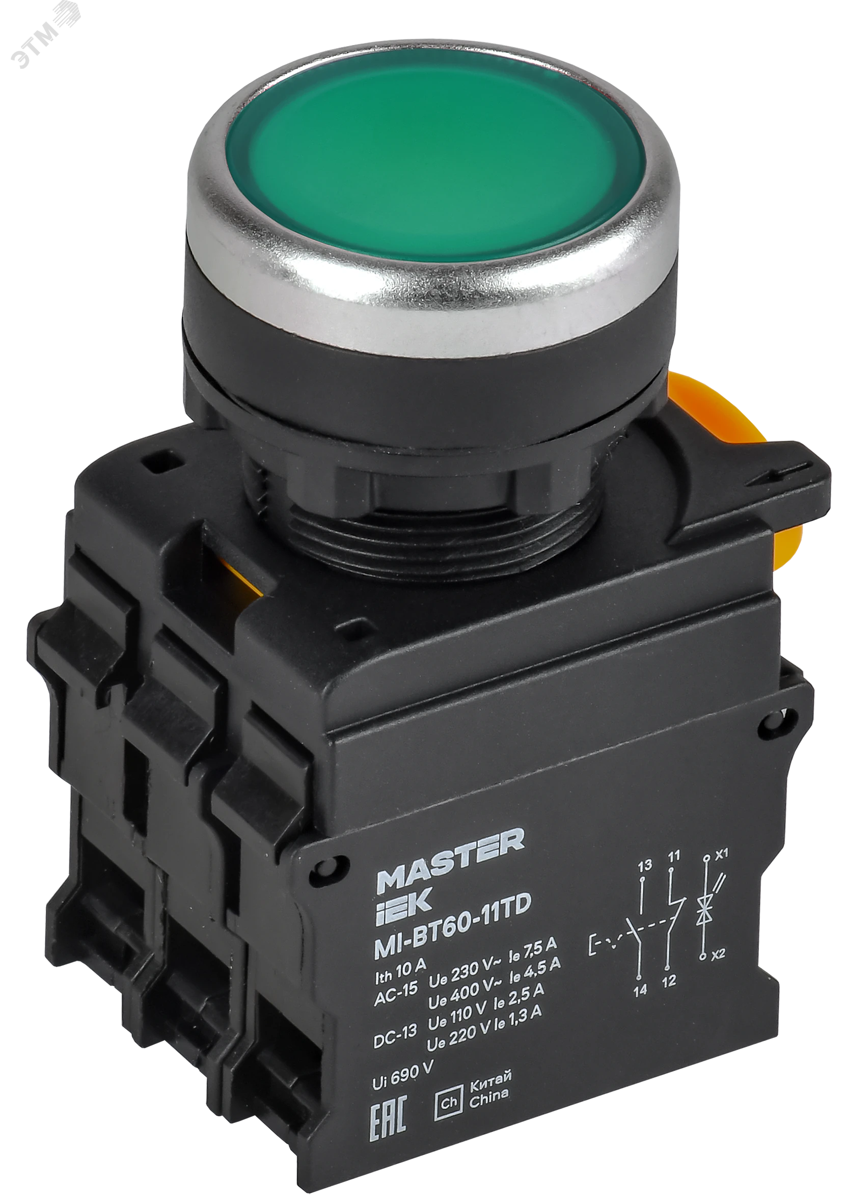 Кнопка с подсвет. и фикс. d=22мм 1NO+1NC зел-ная MASTER IEK MI-BT60-11TD-3-11-K06