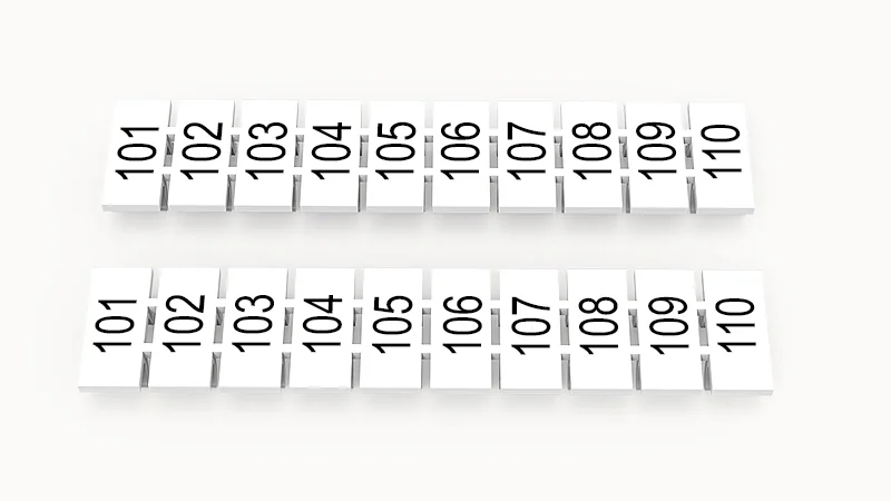 Марк.  полоска ZB6-10P-19-125Z(H) - Маркировочные шильдики для клемм WS…, DC…, PC…, сечением 4 мм кв., центральная, 10 шильдиков нанесенные символы: 101-110, с горизонтальным расположением, размер шильдика: 5,55х10,7 мм, цвет белый