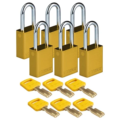 gws150219 - Замки SafeKey алюминиевые со стальной дужкой, высота дужки – 38 мм, диаметр дужки – 6.4 мм, алюминиевый корпус, размеры корпуса – 46х38х19 мм, цвет – желтый, 6 шт/упак