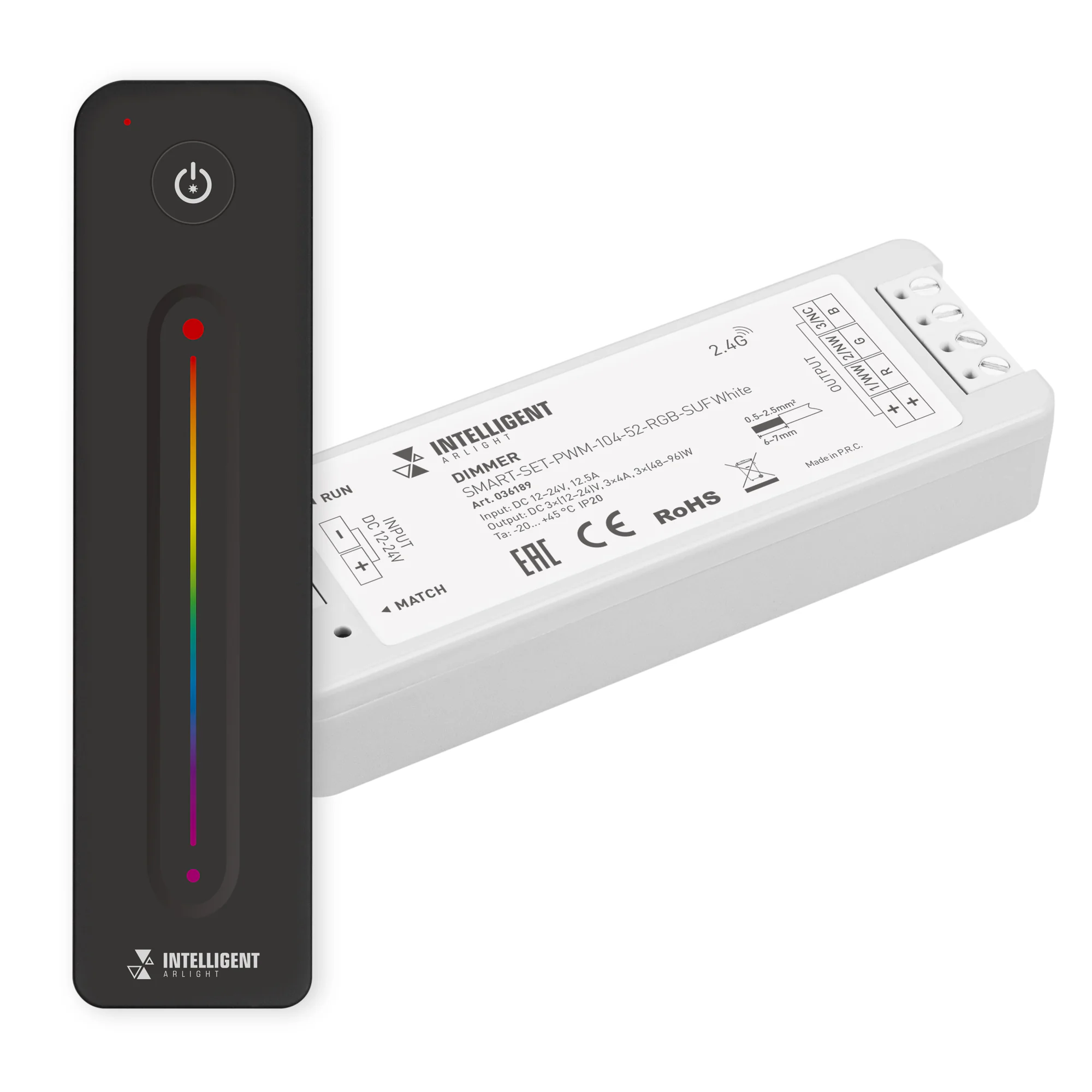 INTELLIGENT ARLIGHT Диммер SMART-SET-PWM-104-52-RGB-SUF White (12-24V, 3x4A, ПДУ LINE, 2.4G) 036189 - Комплект диммер с пультом для RGB светодиодной ленты (ШИМ). Питание/рабочее напряжение 12-24VDC, максимальный ток 4A на канал, 3 канала, максимальная мощ