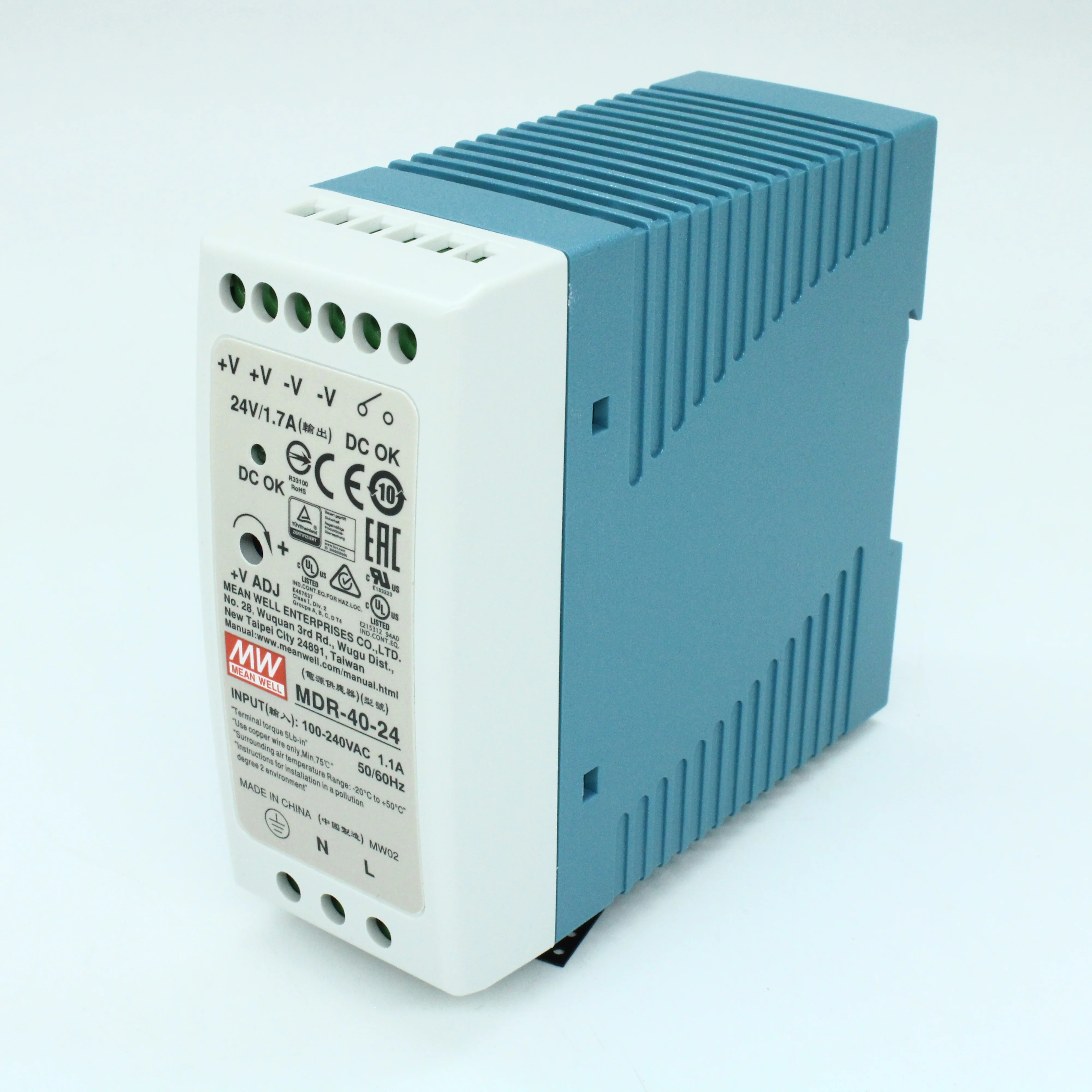 MDR-40-24 - Преобразователь AC-DC на DIN-рейку  40Вт, выход 24В/1,66A, рег. вых 24…30В, вход 85…264V AC, 47…63Гц /120…370В DC, изоляция 3000В AC, в кожухе  40х90х100мм, -20…+70°С