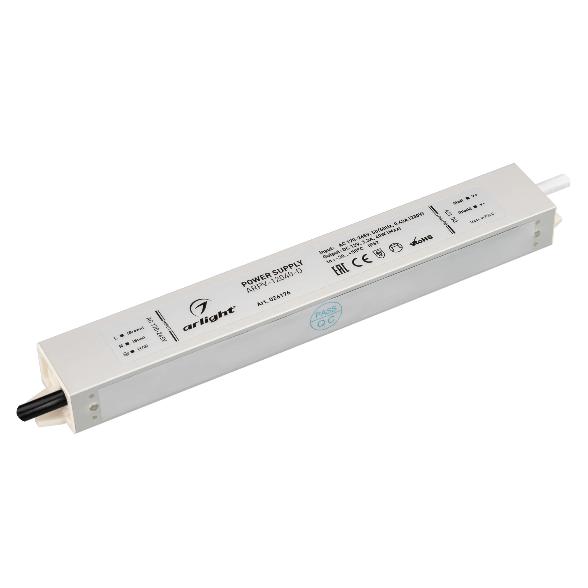 Блок питания ARPV-12040-D (12V, 3.3A, 40W) 026176 - Источник напряжения с гальванической развязкой для светодиодных изделий. Входное напряжение 170-265 VAC. Выходные параметры: 12 В, 3,3 А, 40 Вт. Встроенный PFC >0,5. Герметичный алюминиевый корпус IP 67.