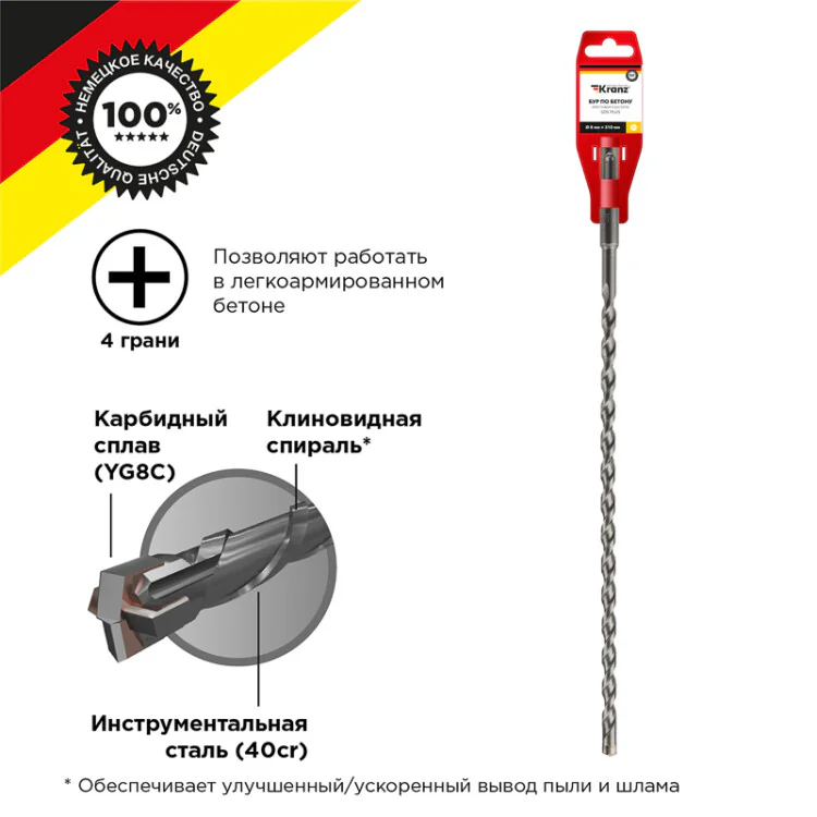 Бур по бетону 8x310x250 мм SDS PLUS крестовая пластина KR-91-0838