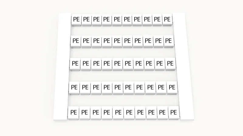 Марк. кассета DEK5-50P-19-102Z(H) - Маркировочные шильдики для клемм WS…, сечением 2,5 мм кв., боковая, 50 шильдиков, нанесенные символы: PE, по 5 полосок,с вертикальным расположением, размер шильдика: 4,8х5,5 мм, цвет белый