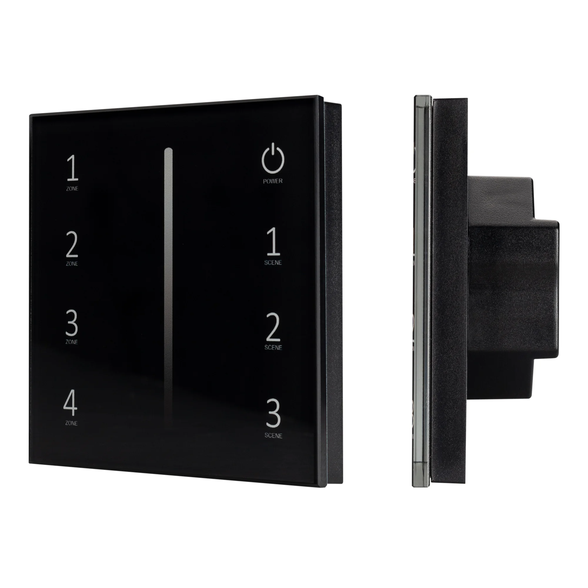 Панель Sens SMART-P17-DIM Black (230V, 4 зоны, 2.4G) 028129 - Встраиваемая сенсорная стеклянная панель 2.4 ГГц, цвет чёрный. Для управления яркостью с помощью сенсорной полосы. Питание/рабочее напряжение AC 85-265V, 4 зоны управления, память 4 сцен. Функц