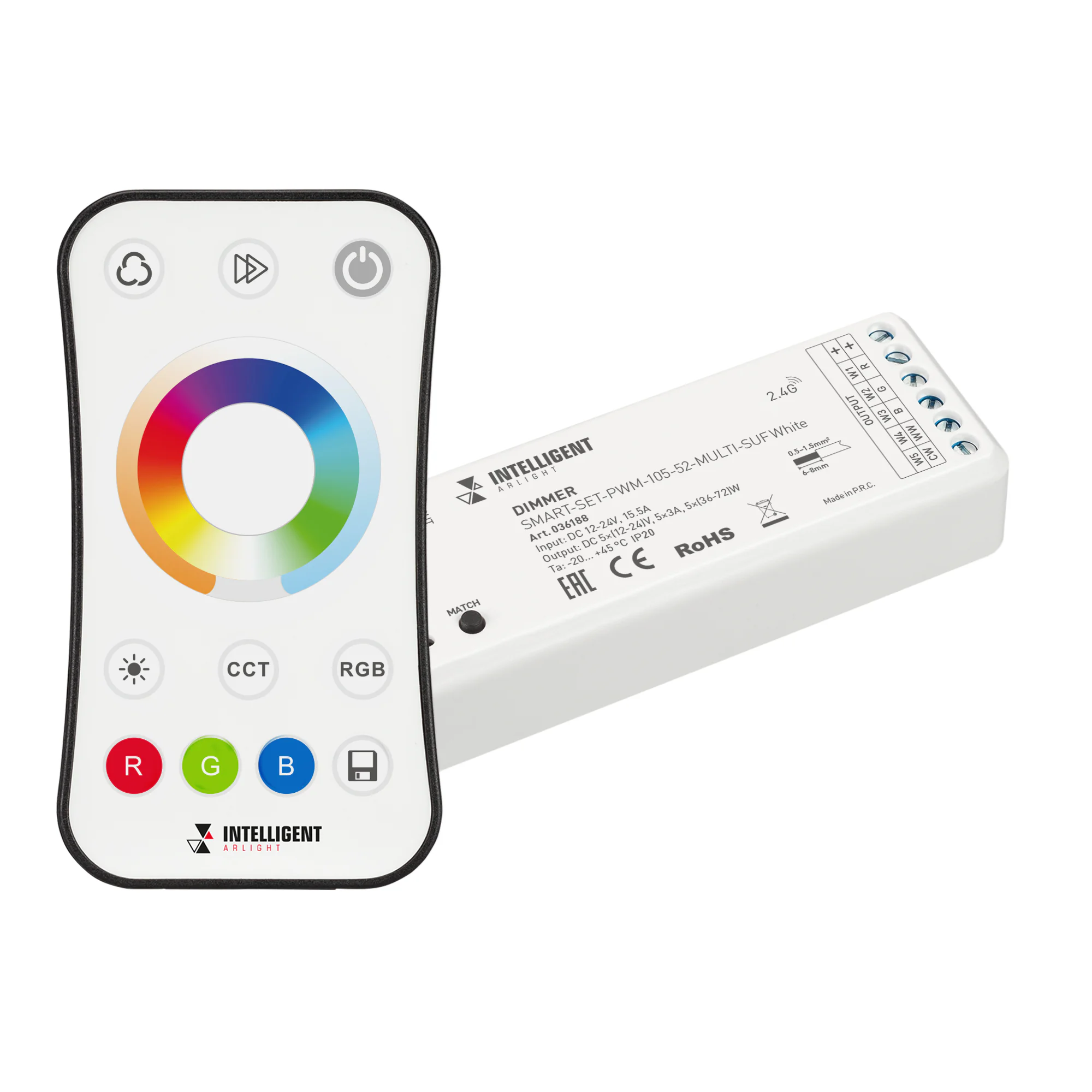 INTELLIGENT ARLIGHT Диммер SMART-SET-PWM-105-52-MULTI-SUF White (12-24V, 5x3A, ПДУ RING 10кн, 2.4G) 036188 - Комплект диммер с пультом для RGB-MIX светодиодной ленты (ШИМ). Питание/рабочее напряжение 12-24VDC, максимальный ток 3A на канал, 5 каналов, макс