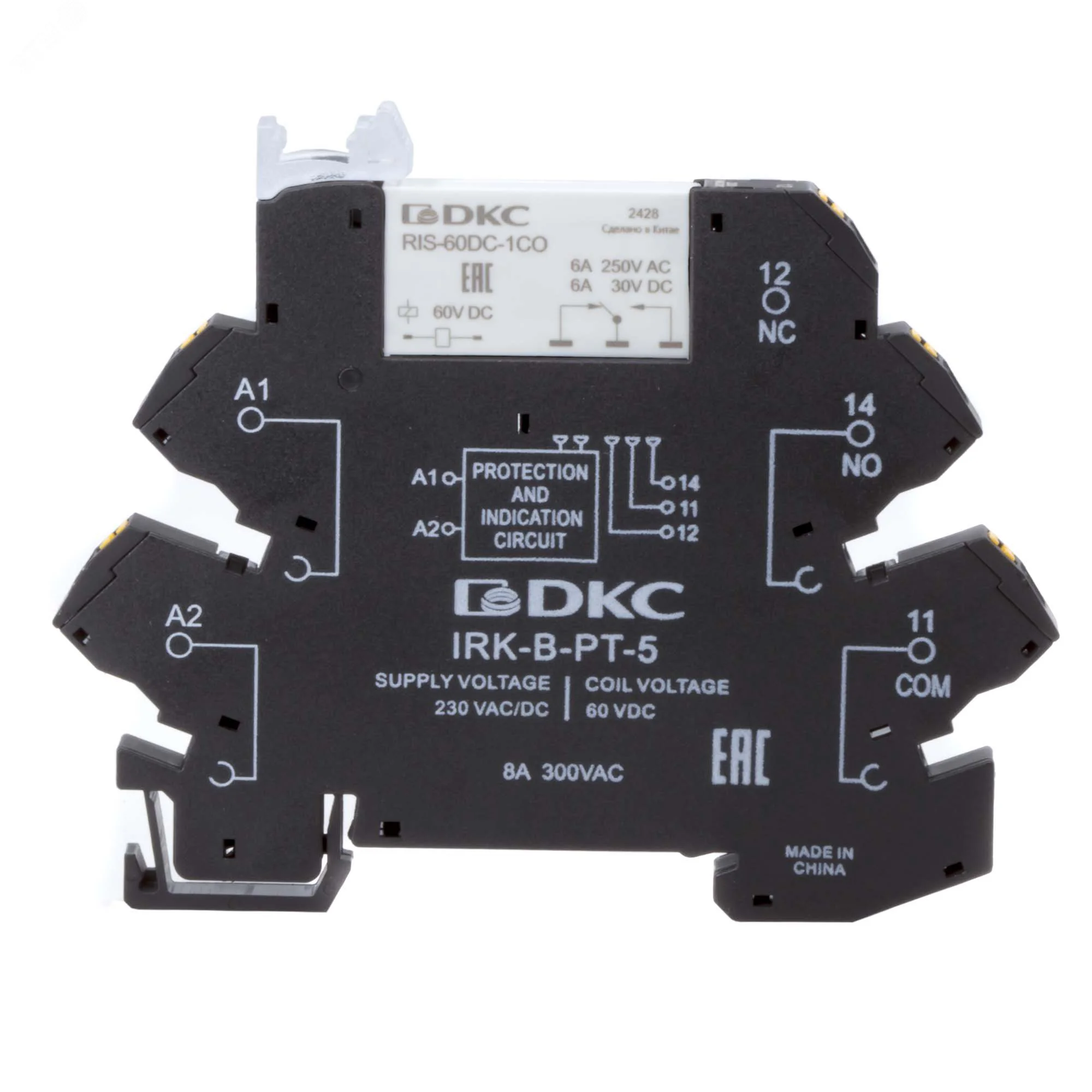 Реле интерфейсное, 1CO, ком. ток 6А, AgSnO2, напряжение 230V AC/DC, push-in клеммы. IRK-230UC-1CO-PT