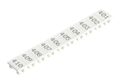 Шильдик 9705A/5/10 B  401-410 - Маркировка для клемм сечением 2,5 мм.кв., шириной 5 мм, 10 шильдиков, белая, нанесенные знаки: 401 – 410