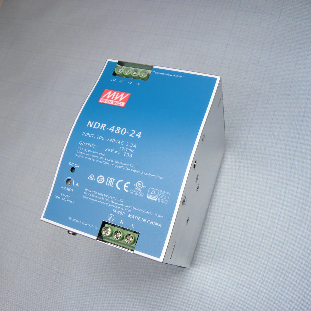 NDR-480-24 - Преобразователь AC-DC на DIN-рейку  480Вт, выход 24В/20A, рег. вых 24…28В, вход 90…264V AC, 47…63Гц /127…370В DC, изоляция 3000В AC, в кожухе  63х125.2х113.5мм, -20…+70°С