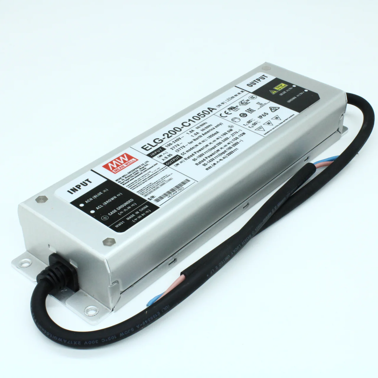 ELG-200-C1050A - AC-DC, 199.5Вт, IP65, вход 100…305В AC, 47…63Гц/142…431В DC, ККМ, выход 95...190В/1050мА, изоляция 3750В AC, в кожухе 244х71х37.5, -40…+85°С (корпус), потенциометры