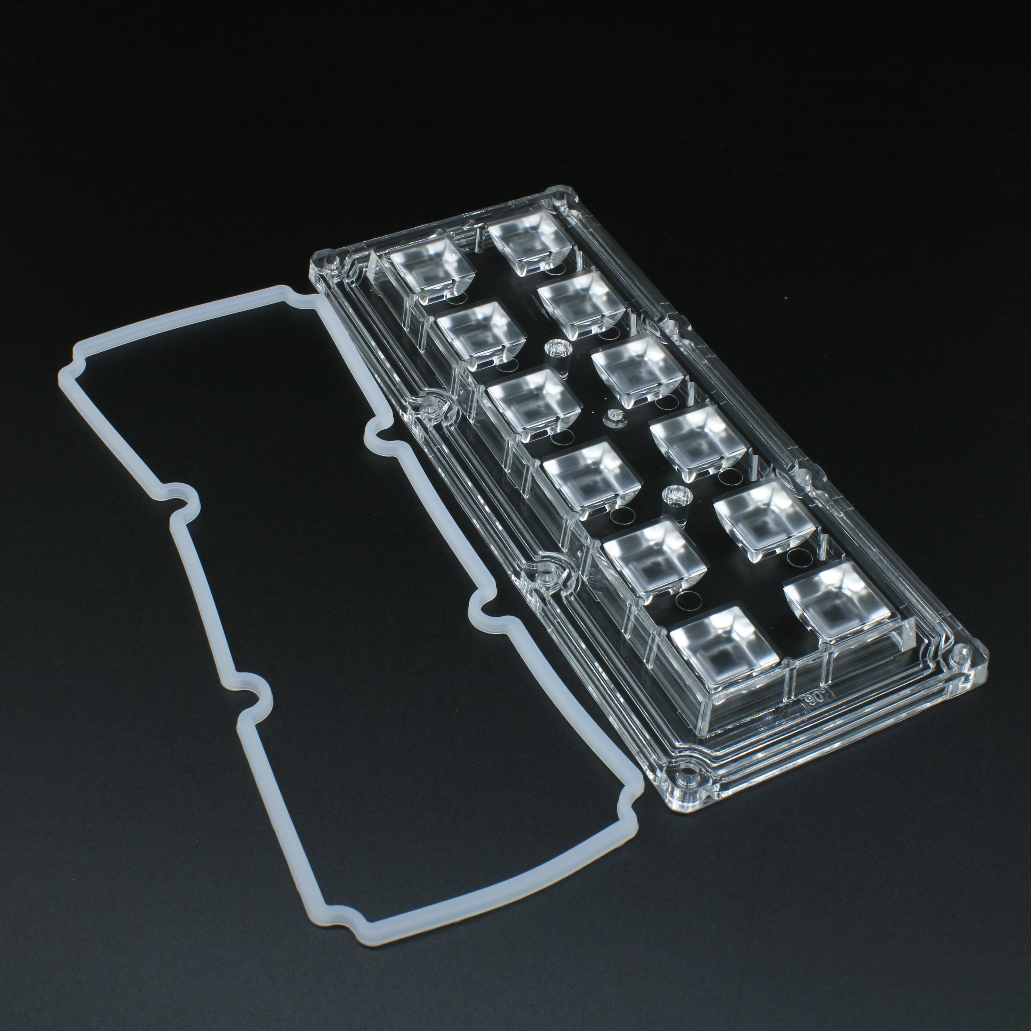ALHB173D12LED90G-NEW - Групповая прямоугольная линза 2x6 на 12 светодиодов 3030/3535/5050, эфф=93%, 90°(квадрат), 173x71.4mm   H:11,4mm, PC,  обновленная версия.