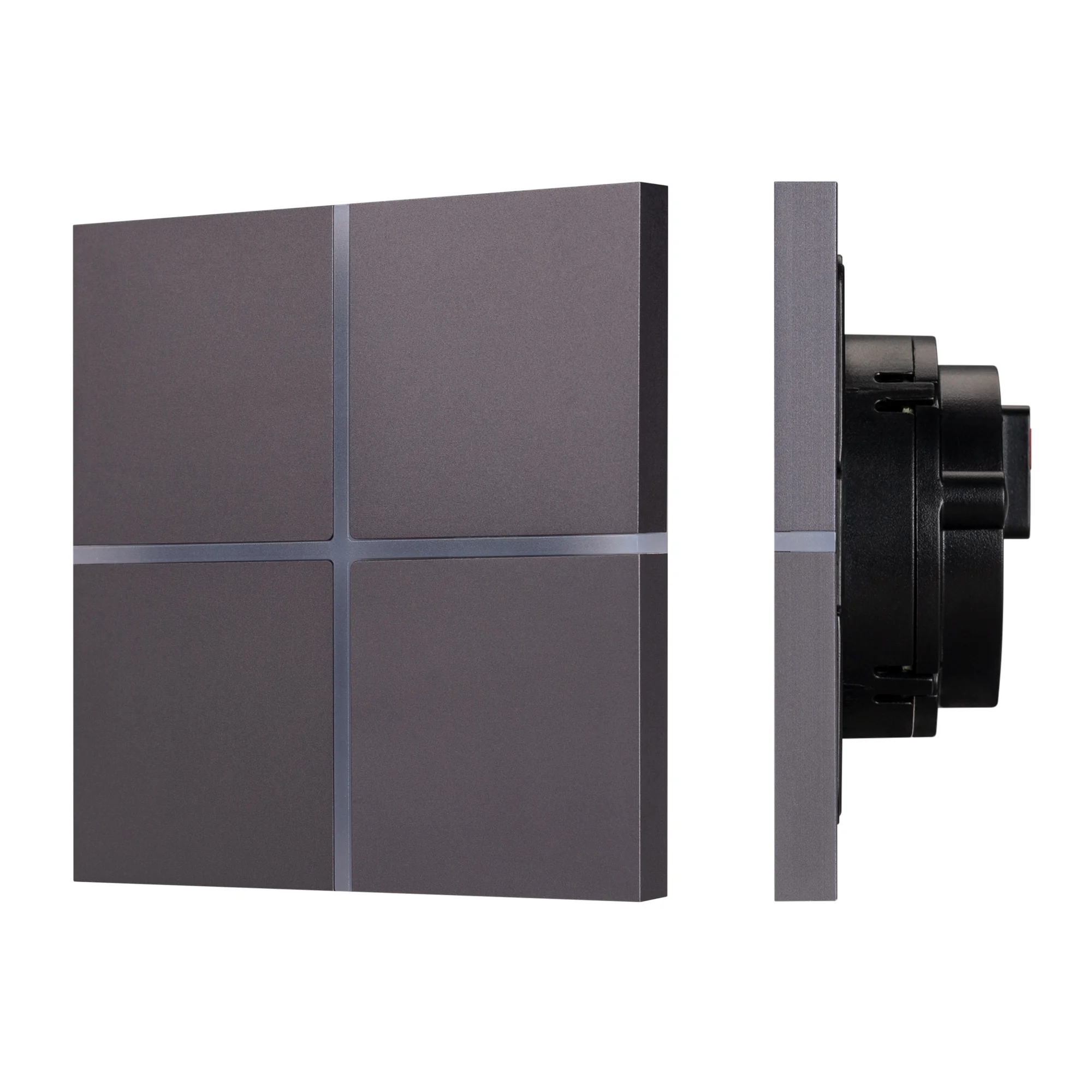 INTELLIGENT ARLIGHT Сенсорная панель KNX-304-13-IN Grey (BUS, Frameless) 038309 - Универсальная многофункциональная встраиваемая настенная сенсорная панель для систем KNX. 4 сенсорные клавиши. Безрамочный корпус, материал - алюминий, светодиодная индикаци