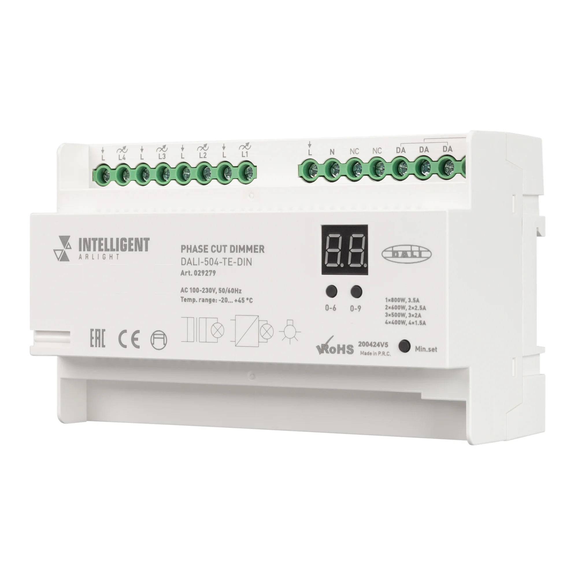 INTELLIGENT ARLIGHT Диммер DALI-504-TE-DIN(230V, 4x2A) 029279 - Диммер для управления нагрузкой по 230В (TRIAC/MOSFET), по протоколу DALI. 4 адреса, 4 канала. Максимальная мощность резистивной нагрузки: 4х1.5А или 3х2А или 2х2.5А или 1х3.5А. Диммирование 