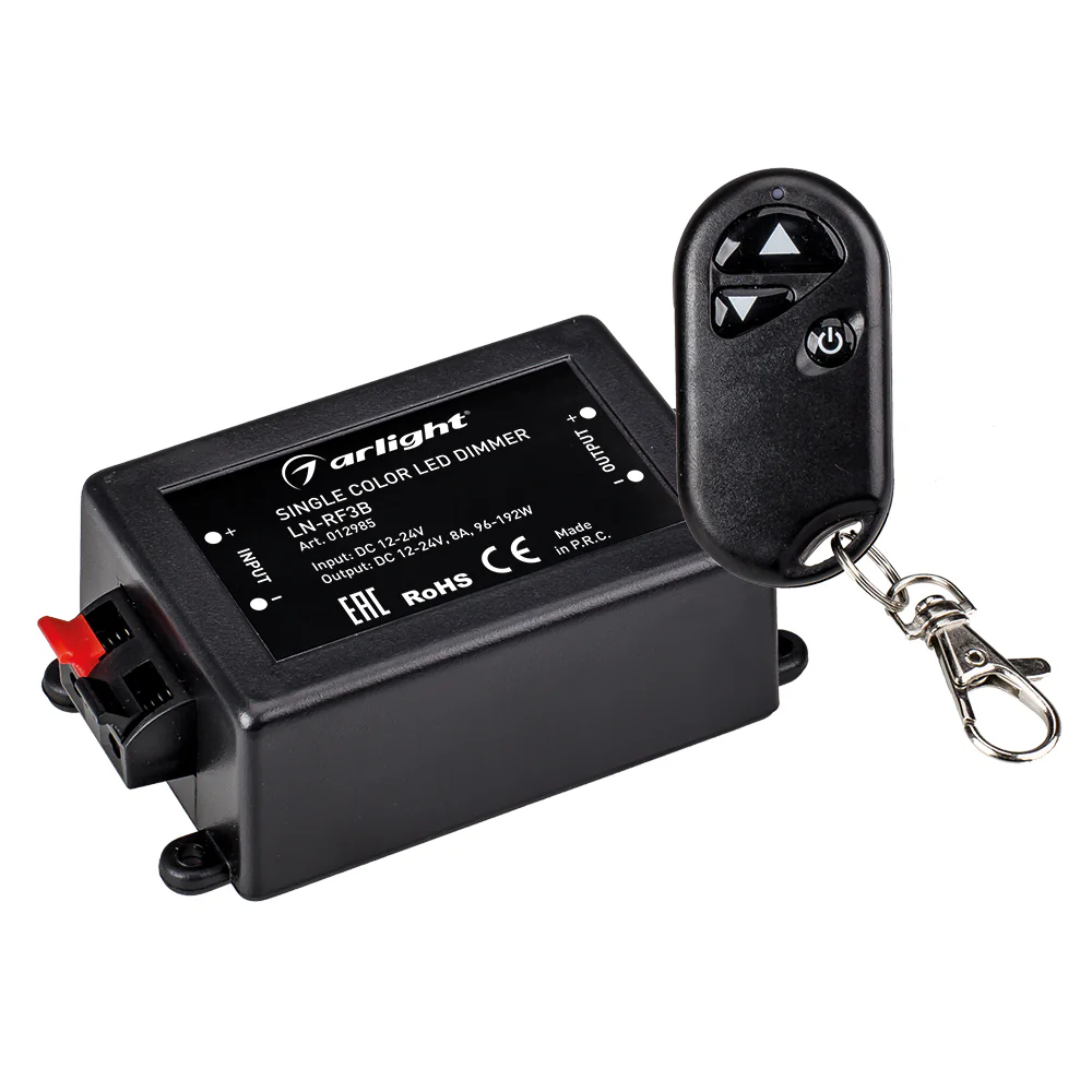 Диммер LN-RF3B (12/24V, 96/192W, ПДУ-брелок 3кн) 012985 - Диммер для светодиодной ленты с радиопультом в форме брелка. Питание DC12-24V, макс.ток 1х8А, Мощность 12V<96W, 24V<192 W. Размер 110x56x34мм. Тип батарейки в пульте - 27А.