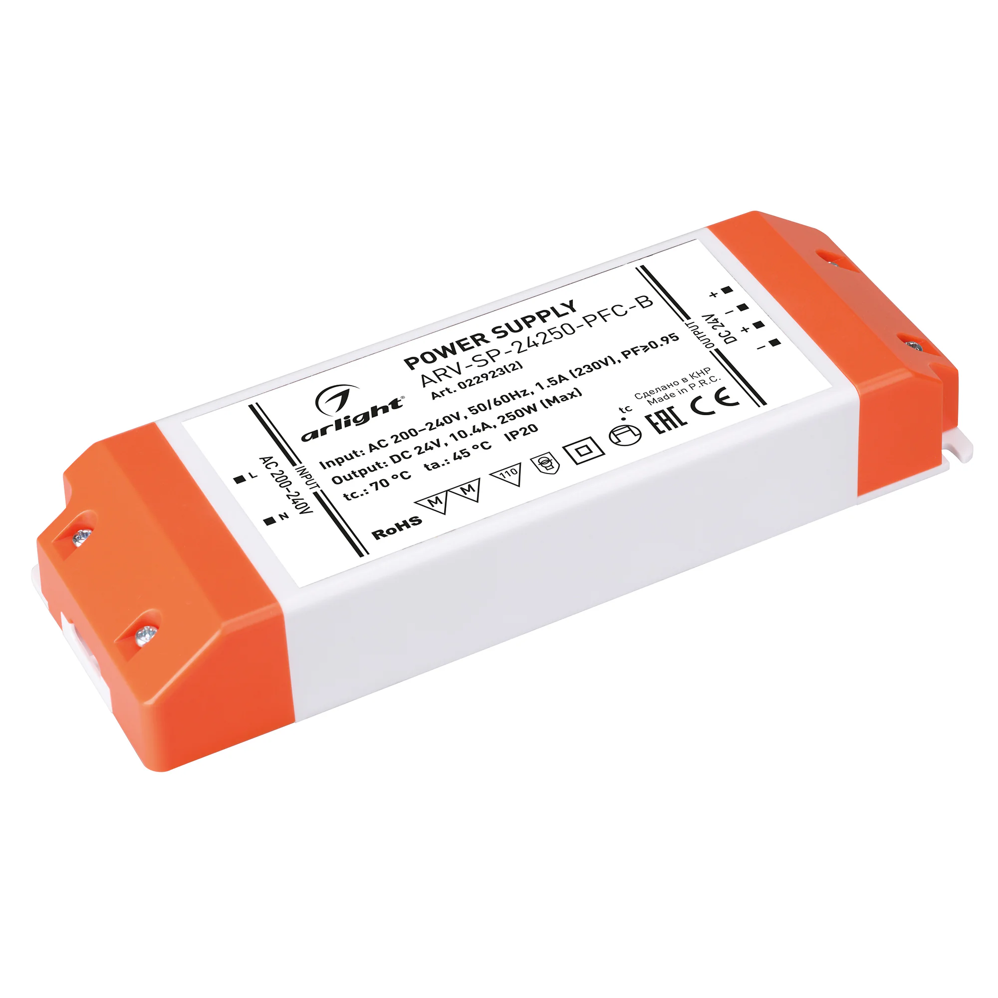 Блок питания ARV-SP-24250-PFC-B (24V, 10.4A, 250W) 022923(2) - Источник напряжения с гальванической развязкой для светодиодных изделий. Входное напряжение 200-240 VAC. Выходные параметры: 24 В, 10.4 А, 250 Вт. Встроенный PFC >0.95. Негерметичный пластиков