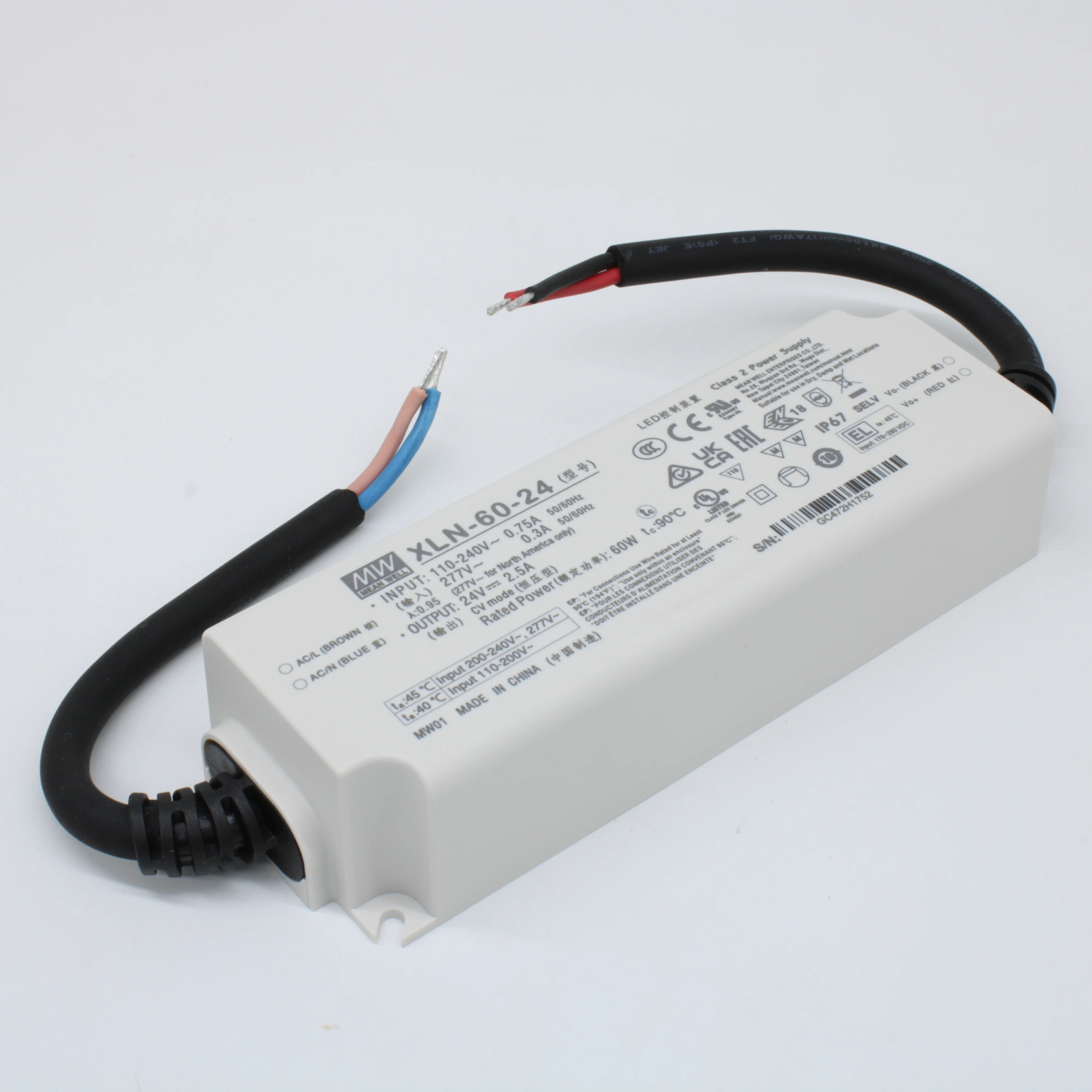 XLN-60-24 - AC-DC LED-драйвер, CV, 60Вт, вход 100…305В AC, 47…63Гц, выход 24В/2.5А, изоляция 3750В AC, IP67, 141.5х49х32мм, -25…+90°С