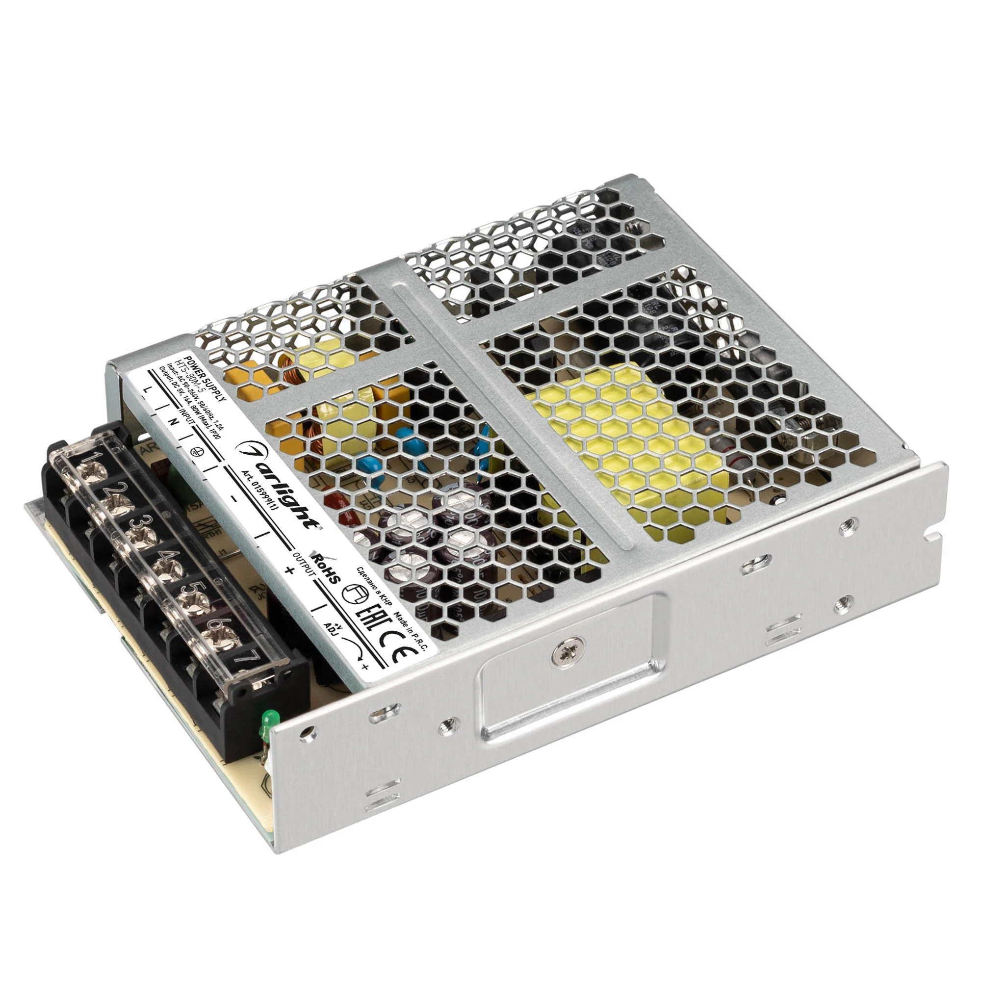 Блок питания HTS-80M-5 (5V, 16A, 80W) 015999(1) - Источник напряжения с гальванической развязкой для светодиодных изделий. Входное напряжение 90-264 VAC. Выходные параметры: 5 В, 16 А, 80 Вт. Встроенный PFC >0,5. Негерметичный алюминиевый сетчатый корпус 