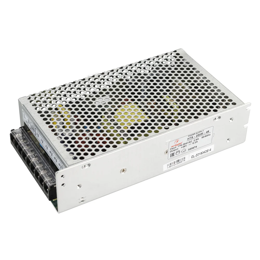 Блок питания HTS-250M-48 (48V, 5.2A, 250W) 020674 - Источник напряжения с гальванической развязкой для светодиодных изделий. Входное напряжение 176-264 VAC. Выходные параметры: 48 В, 5,2 А, 250 Вт. Встроенный PFC >0,5. Негерметичный алюминиевый сетчатый к