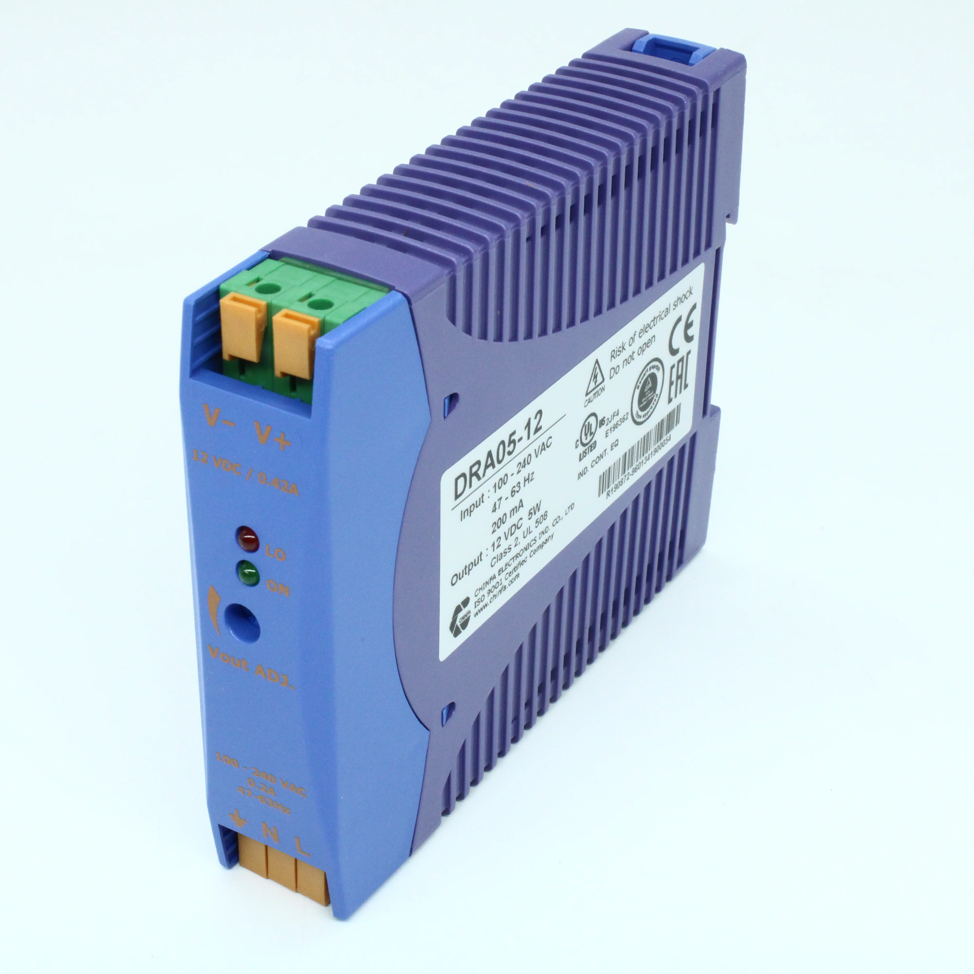 DRA05-12 - Преобразователь AC-DC на DIN-рейку  5Вт, выход 12В/0.42A, рег. вых 10.8…13.8В, вход 90…265V AC, 47…63Гц / 120...370V DC , изоляция 3000V AC, : 115х90х23мм, -20…+71°С, пружинные клеммы