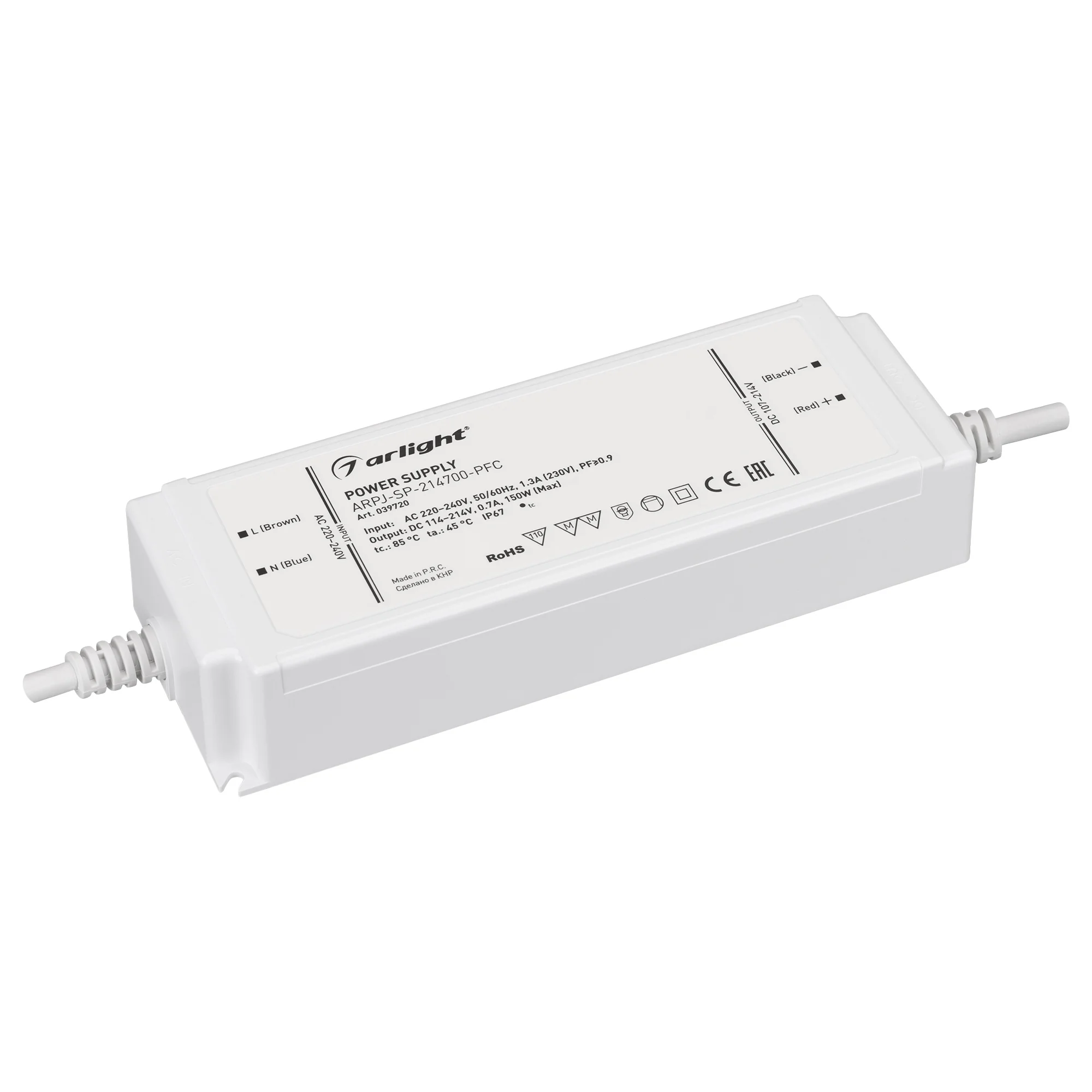Блок питания ARPJ-SP-214700-PFC (150W, 114-214V, 0.7A) 039720 - Источник тока с гальванической развязкой для светильников и мощных светодиодов. Входное напряжение 220-240 VAC. Выходные параметры: 114-214 В, 700 mА, 150 Вт. Встроенный PFC >0.9. Герметичный