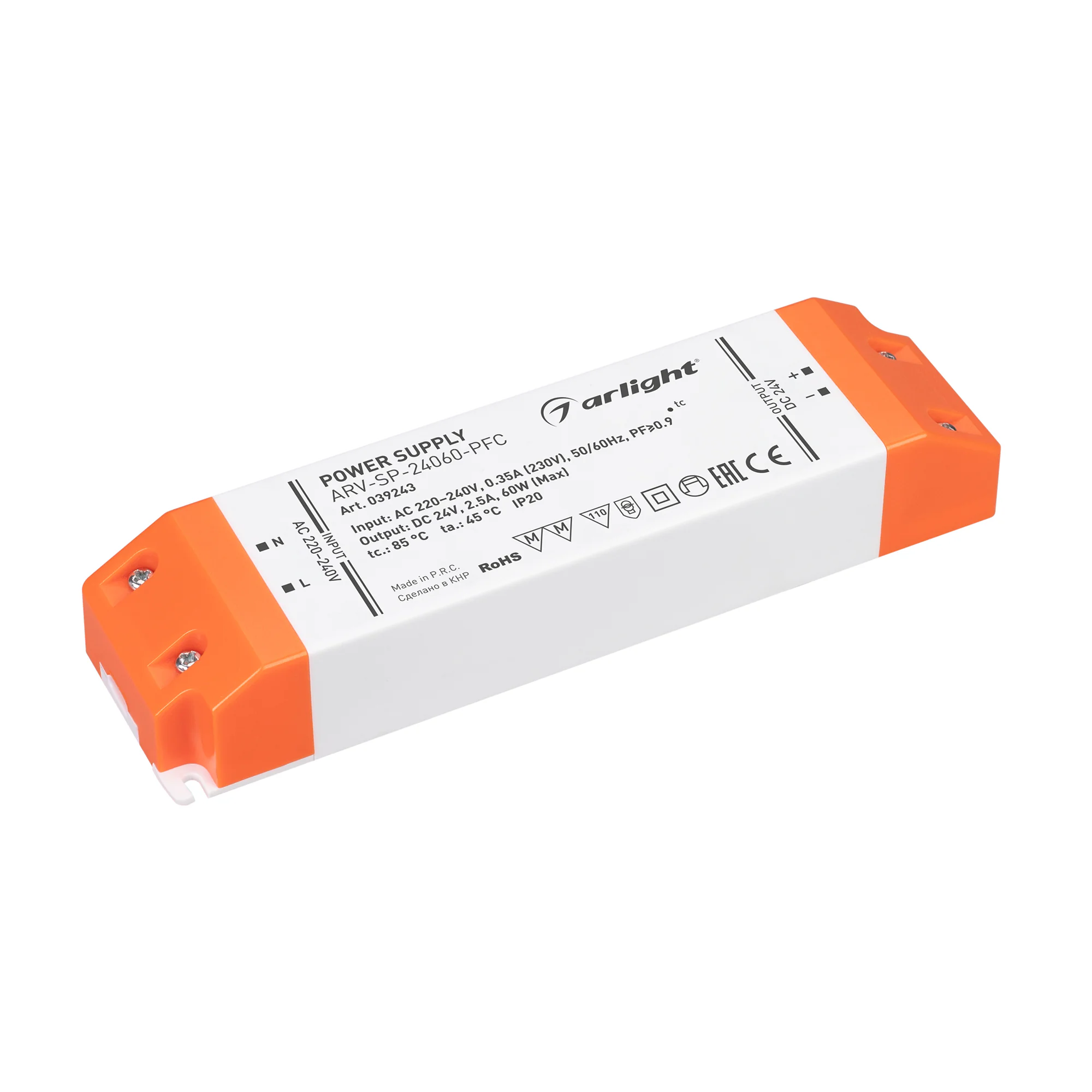 Блок питания ARV-SP-24060-PFC (24V, 2.5A, 60W) 039243 - Источник напряжения с гальванической развязкой для светодиодных изделий. Входное напряжение 220-240 VAC. Выходные параметры: 24 В, 2.5 А, 60 Вт. Встроенный PFC >0.9. Негерметичный пластиковый корпус 