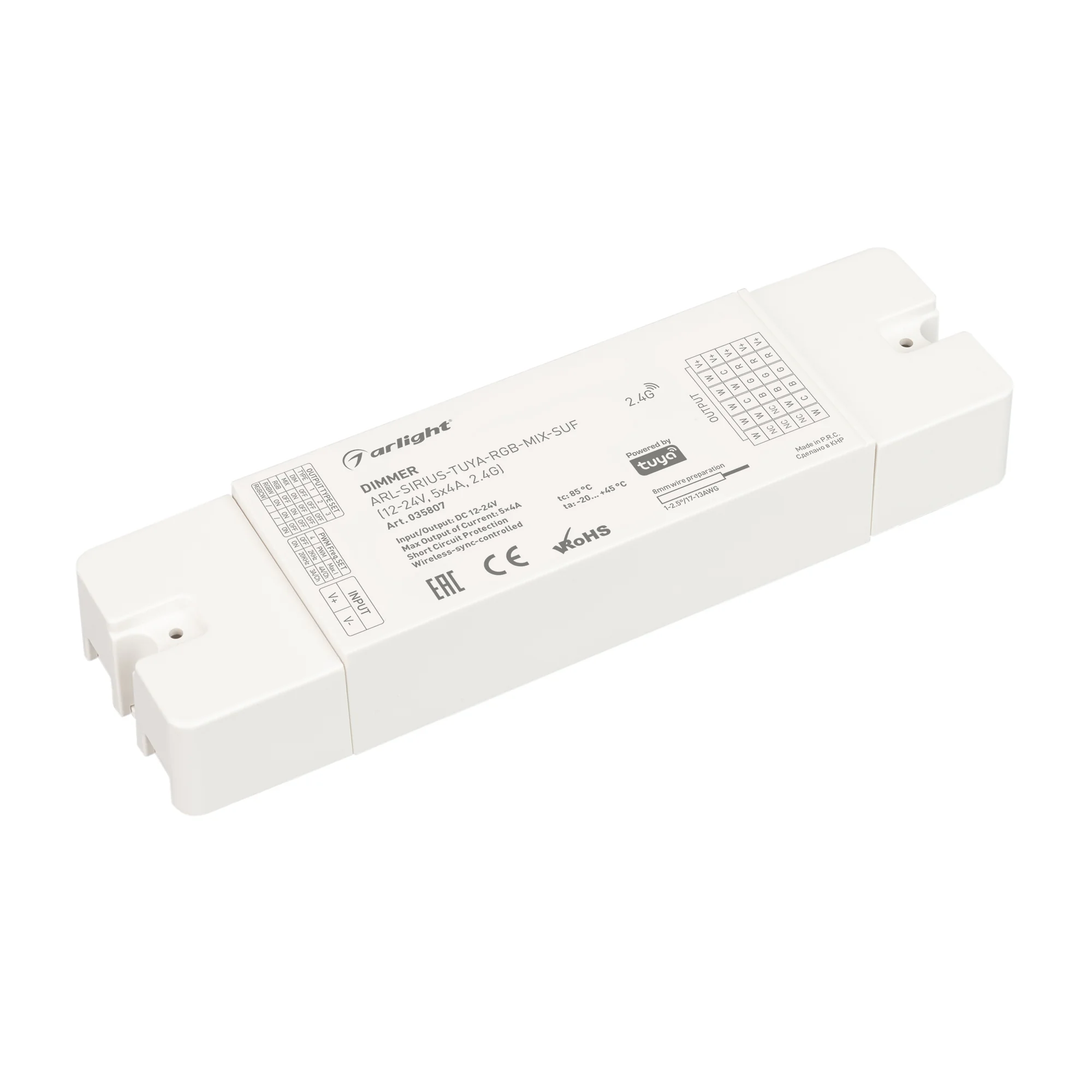 Диммер ARL-SIRIUS-TUYA-RGB-MIX-SUF (12-24V, 5x4A, 2.4G) 035807 - Универсальный 5-канальный для DIM/MIX/RGB/RGBW/RGB-MIX светодиодных лент. Питание/рабочее напряжение 12-24VDC, максимальный ток 4A на канал, 5 каналов, максимальная мощность 240-480W. Частот