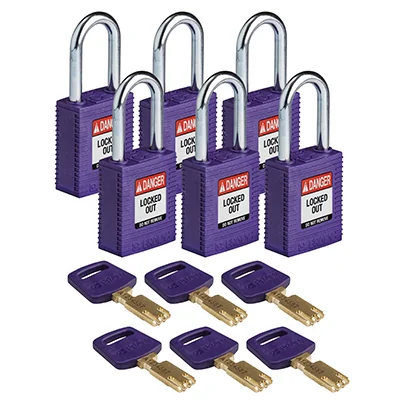 gws150362 - Замки SafeKey нейлоновые со стальной дужкой, высота дужки – 38 мм, диаметр дужки – 6.4 мм, нейлоновый корпус, размеры корпуса – 46х38х19 мм, цвет – фиолетовый, 6 шт/упак