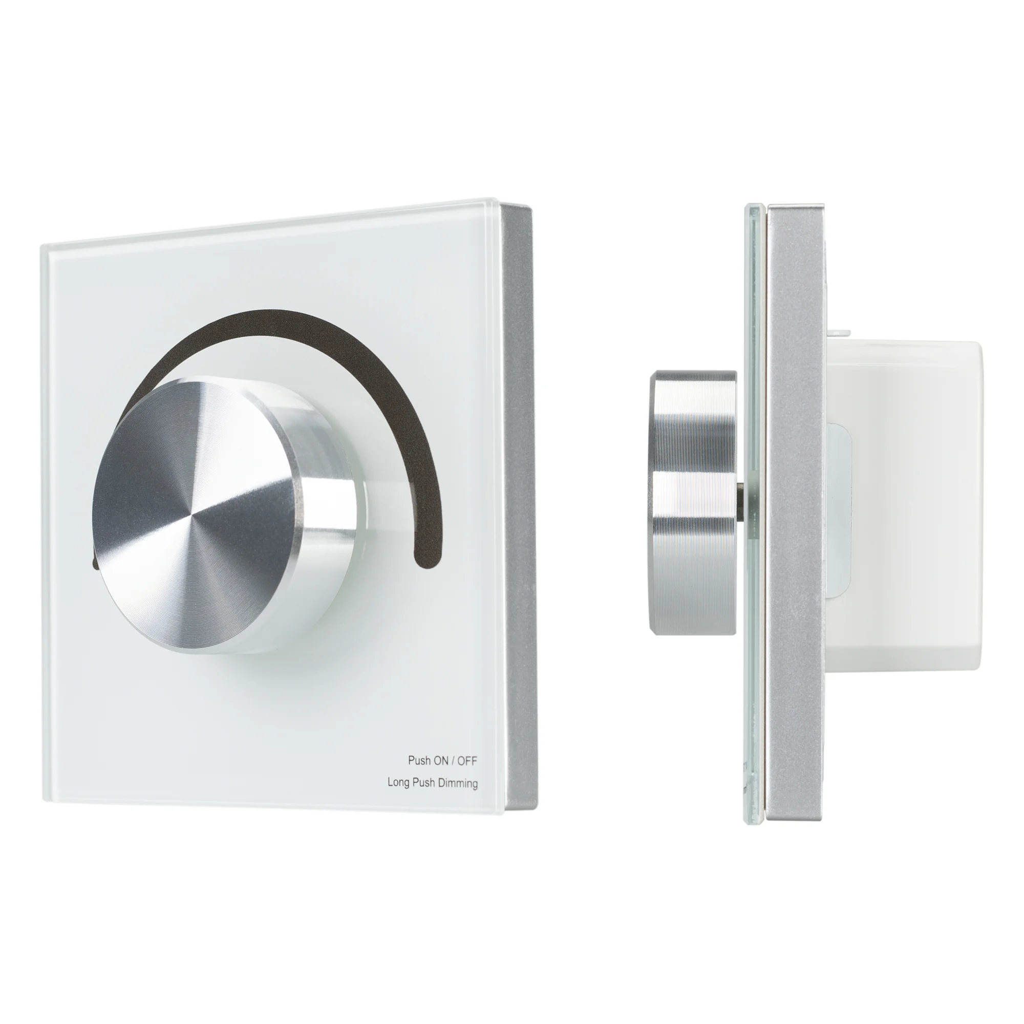Панель SMART-P90-DIM-G-IN White (230V, Rotary, 2.4G) 028424 - Встраиваемая роторная стеклянная панель 2.4 ГГц, цвет белый. Для управления яркостью с помощью роторного вращателя. Питание/рабочее напряжение 230VDC, 1 зона управления. Функция управления DMX5