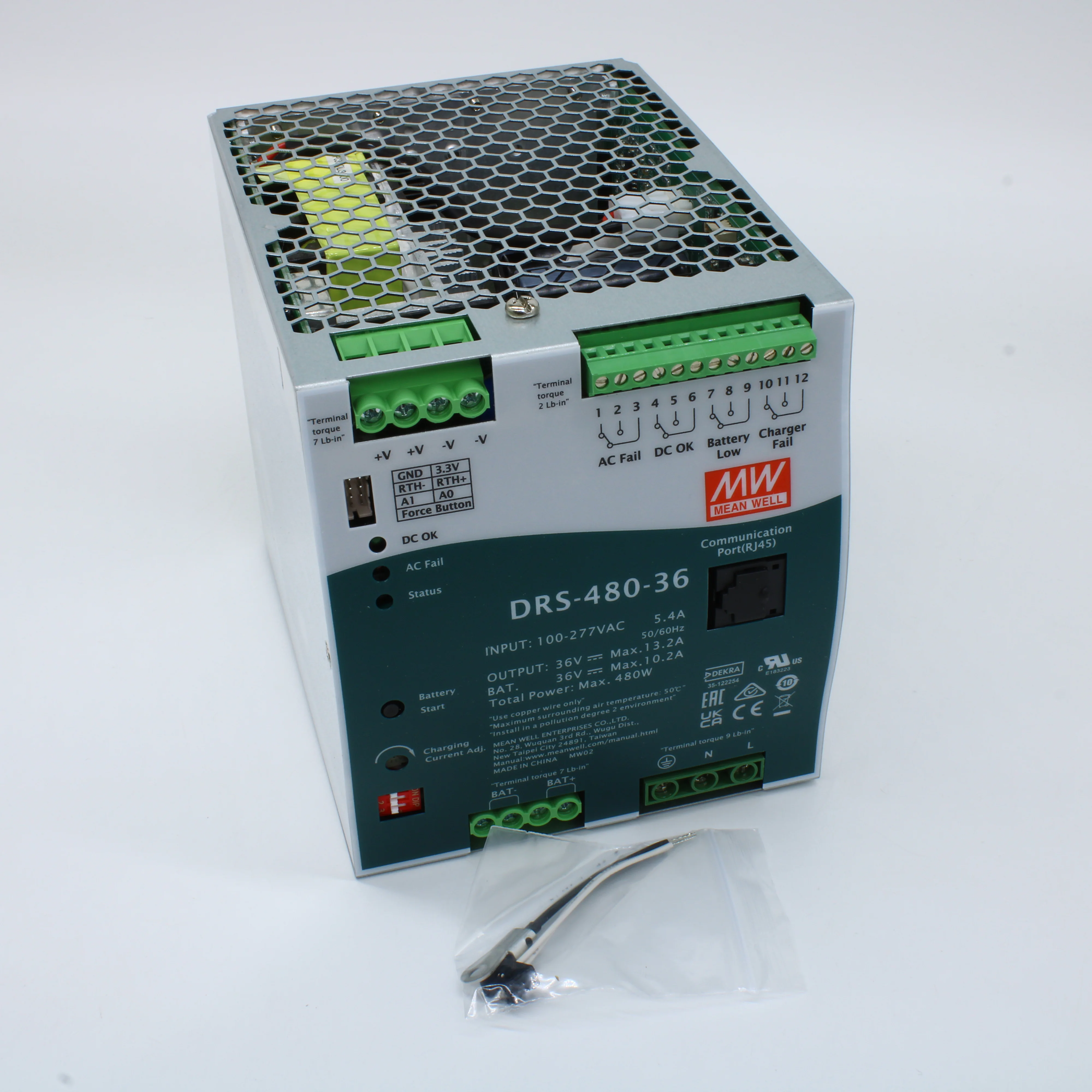 DRS-480-36 - AC-DC с функцией UPS, 480Вт, выход 36В/13.3A, вход 90…305В АС/127…431В DC, максимальный зарядный ток 10.2А, MODBus, изоляция 3000В АС, в корпусе 110х125.2х150.7мм, -30...+70°С