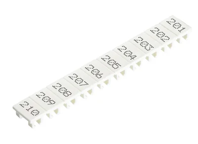 Шильдик 9705A/6/10 B  201-210 - Маркировка для клемм сечением 4 мм.кв., шириной 6 мм, 10 шильдиков, белая, нанесенные знаки: 201 – 210