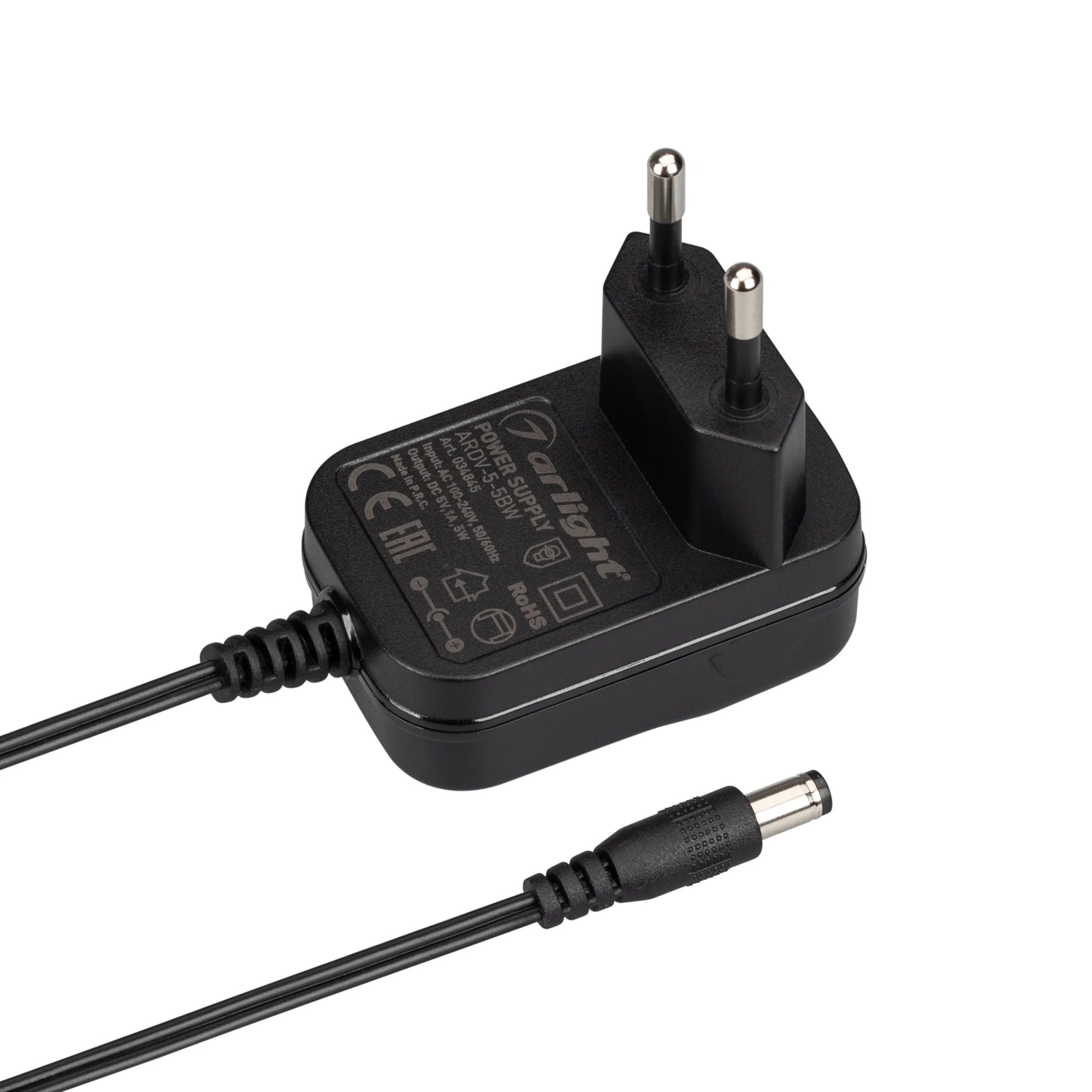 Блок питания ARDV-5-5BW (5V, 1A, 5W) 034845 - Сетевой адаптер с гальванической развязкой для светодиодных изделий 5 В (черный корпус). Мощность 5Вт. Вход:100-240VAC, Выход: DC5V 1A, длина кабеля 1.5м коннектор 5.5x2.1x10мм. Размер 58x37x24 мм (размер без 