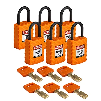 gws150212 - Замки SafeKey нейлоновые компактные, нейлоновая дужка, высота дужки – 25 мм, диаметр дужки – 4.3 мм, нейлоновый корпус, размеры корпуса – 43х32х19 мм, цвет – оранжевый, 6 шт/упак