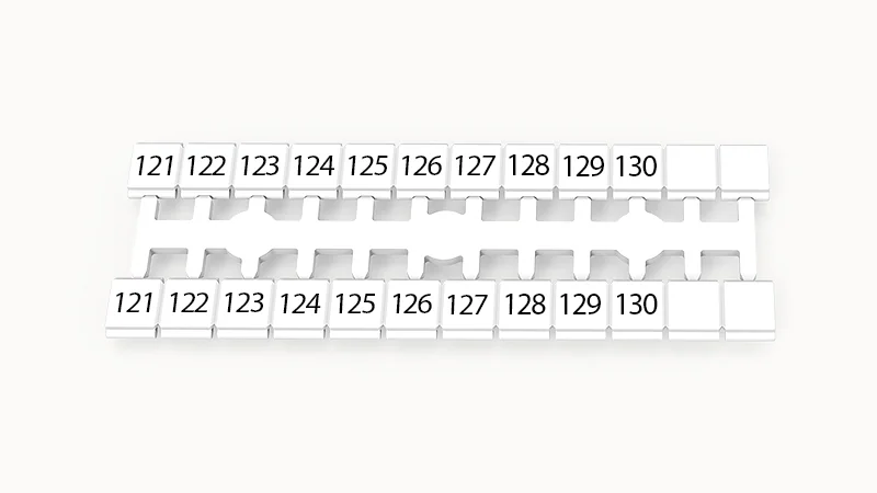 Марк.  кассета ZK5-24P-19-23Z(H) - Кассета с шильдиками для клемм DS…, сечением 2,5 мм кв., боковая, 24 шильдиков, нанесенные символы: 121-130 + 2 чист, 2 ряда с вертикальным расположением, размер шильдика: 4,6х5,0 мм, цвет белый