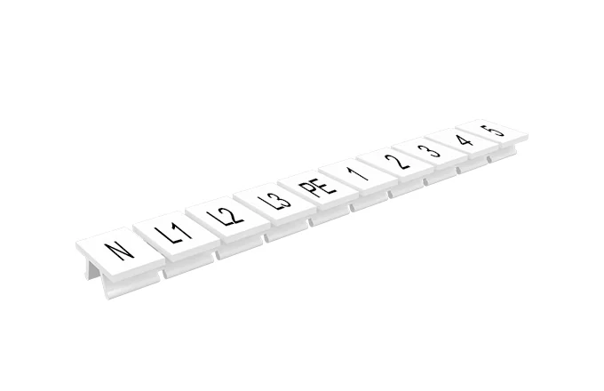 Маркировка  308801/N,L1,L2,L3,PE,1,2,3,4,5 - Маркировочные шильдики для клемм TU/TP/TC, сечением 6 мм кв., 10 шильдиков, нанесенные символы: N,L1,L2,L3,PE,1,2,3,4,5, с горизонтальным, расположением, цвет белый